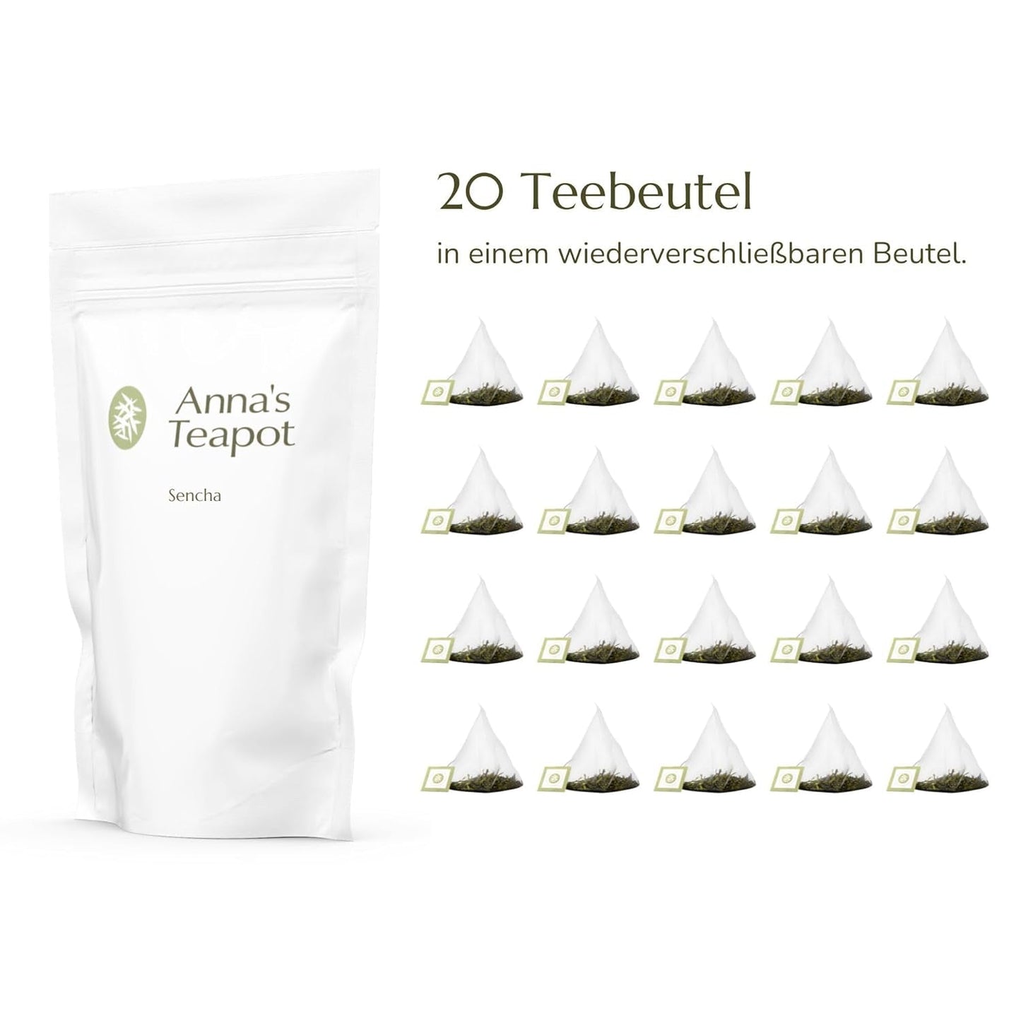 Anna'S Tekanna Sencha Ekologiska grönt tepåsar - Ekologiskt japanskt grönt te 20 pyramidpåsar i en återförslutningsbar påse