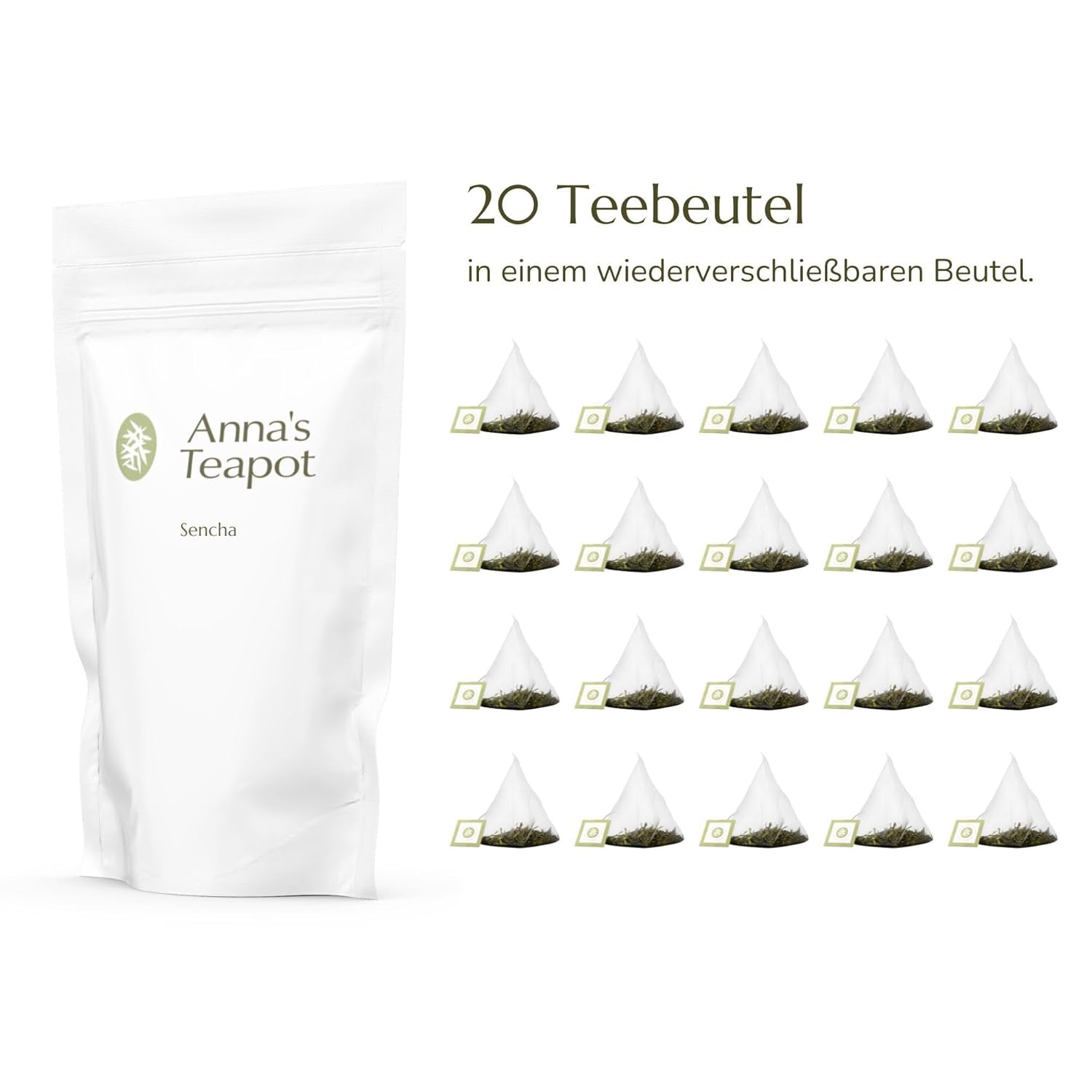 Anna'S Tekanna Sencha Ekologiska grönt tepåsar - Ekologiskt japanskt grönt te 20 pyramidpåsar i en återförslutningsbar påse