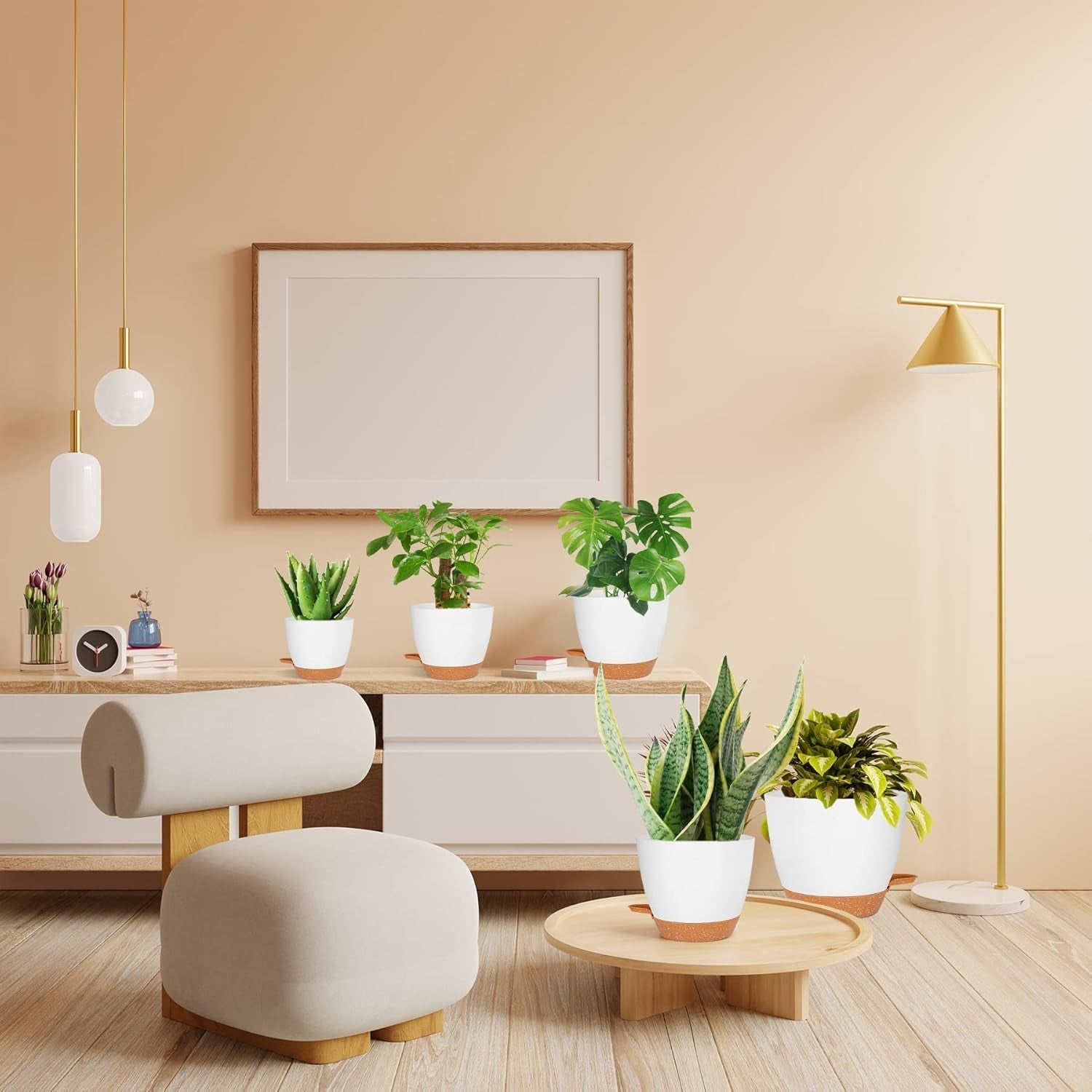 CSYY blomkrukor Set med 7 plastblomkrukor med bevattningssystem 20.3/19/17.7/16.5/15.2/14/12.7cm självvattnande krukor och fat inomhus utomhus
