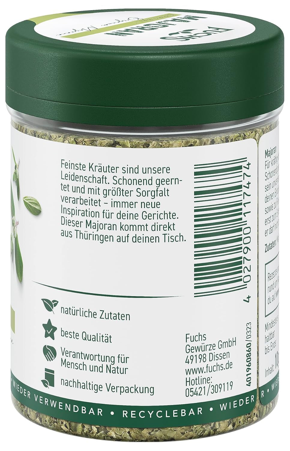 Fuchs Gewürze - Mejram gerebelt - zum Würzen von Kartoffelgerichten, Fleischgerichten eller Eintöpfen - naturliga ingredienser - 10 g i wiederverwendbarer, recyclebarer Dos