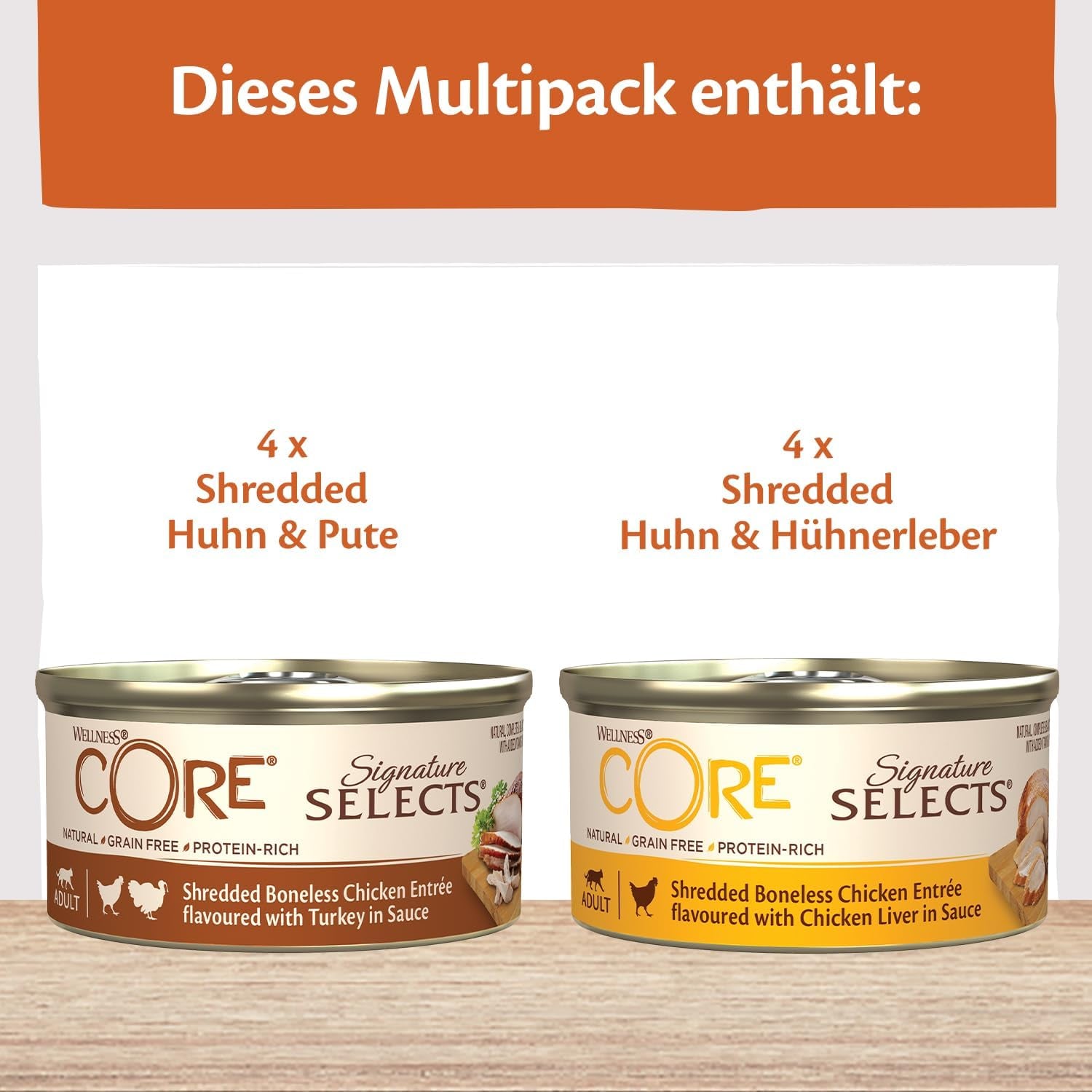 Wellness CORE Signature Selects 8 x 79 g, kyckling- och kalkonblandning - våt kattmat, läckra strimlor i sås, spannmålsfria, naturliga, allergivänliga, proteinrika, mycket kött