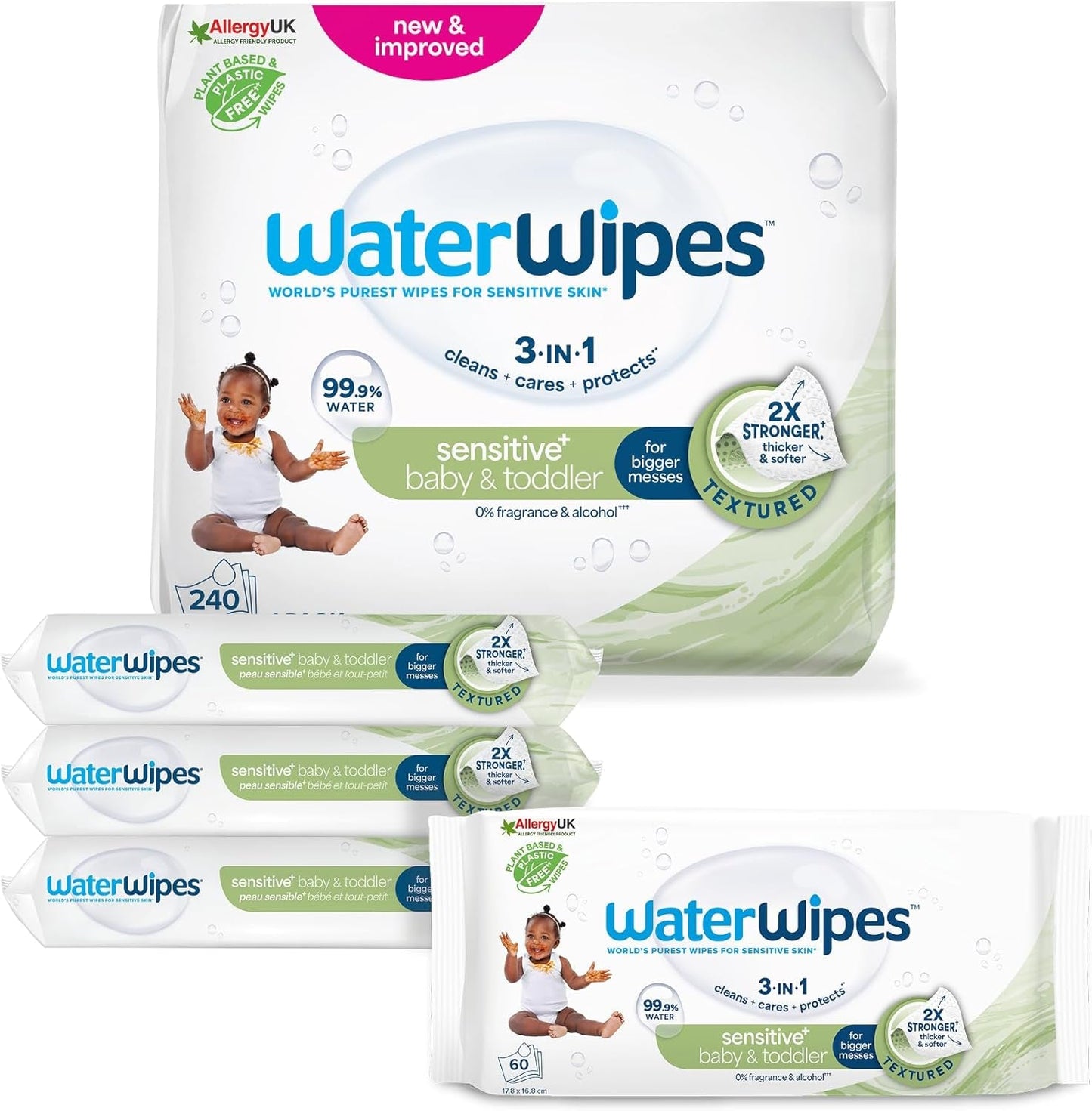 WaterWipes Sensitive+ våtservetter för baby och småbarn, 720 Count (12-pack), 3-i-1 rengöring, vård, skydd, 99,9 % vatten, texturerad rengöring, parfymfri