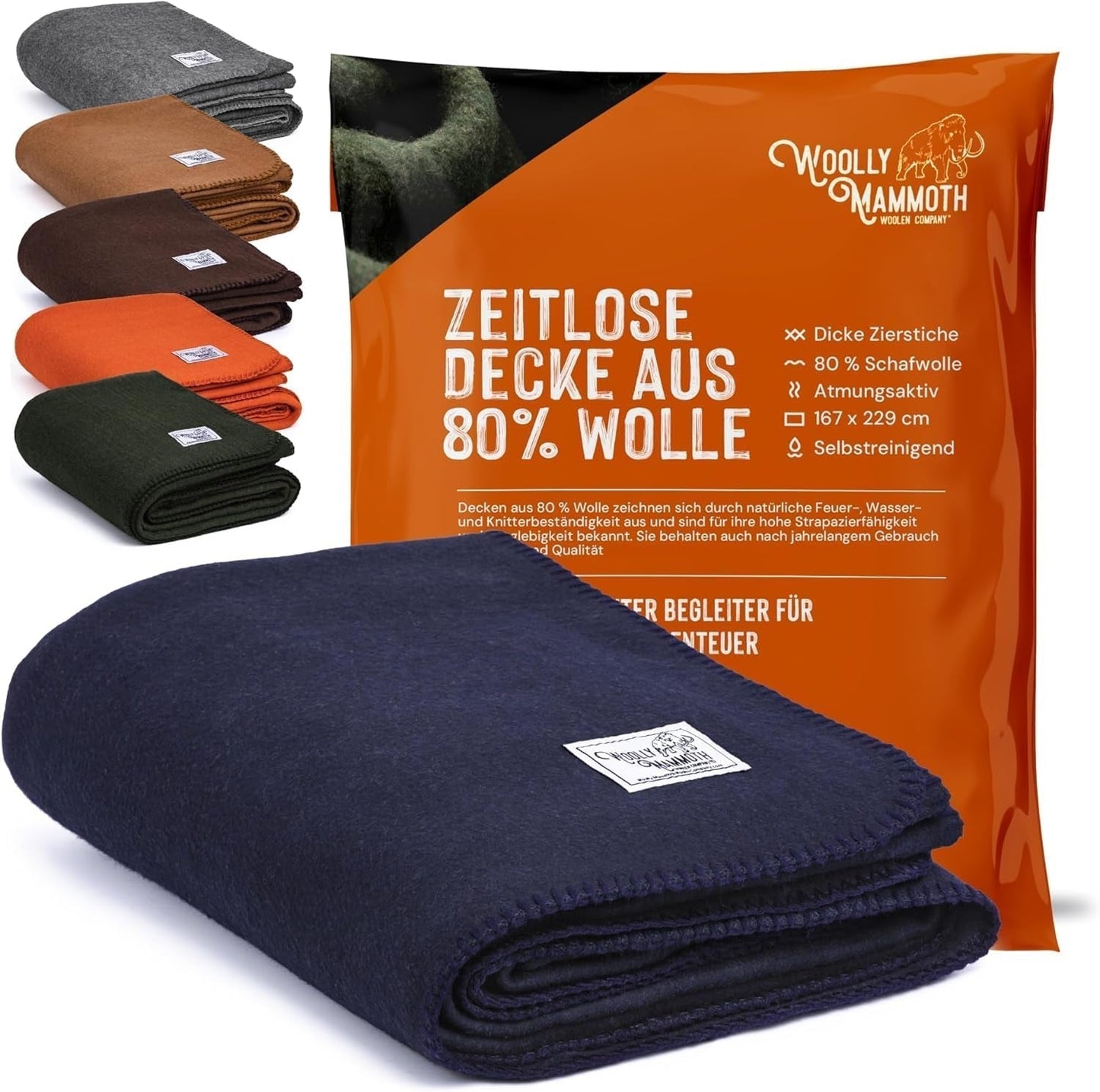 Woolly Mammoth Woolen Co. campingfilt, extra stor, merinoull, Den perfekta utomhusutrustningen för bushcraft, camping, vandring, vandring, överlevnads- eller stugfilt. Brun, 168 X 228 Woolly Mammoth Woolen Company sängar och filtar Marinblå 66" X 90"