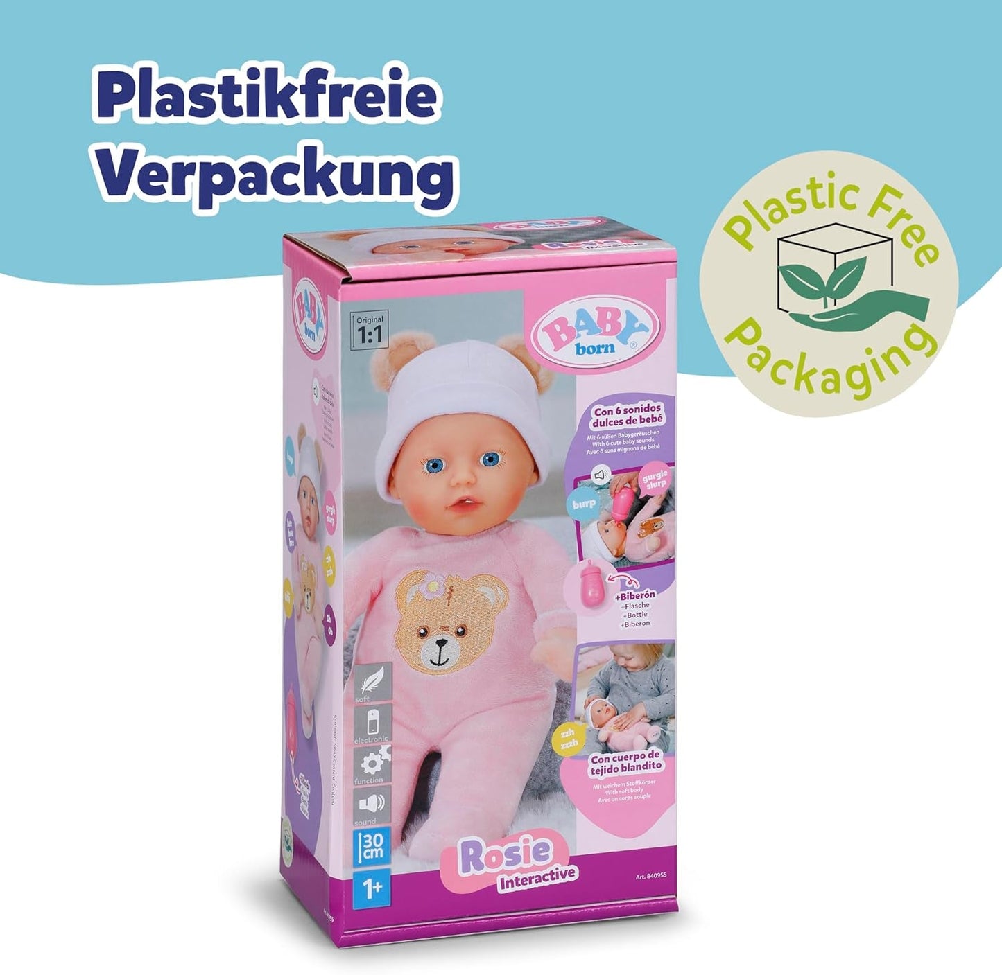 Baby Born Rosie mjuk docka 30 cm med 6 ljud och flaska, rosa