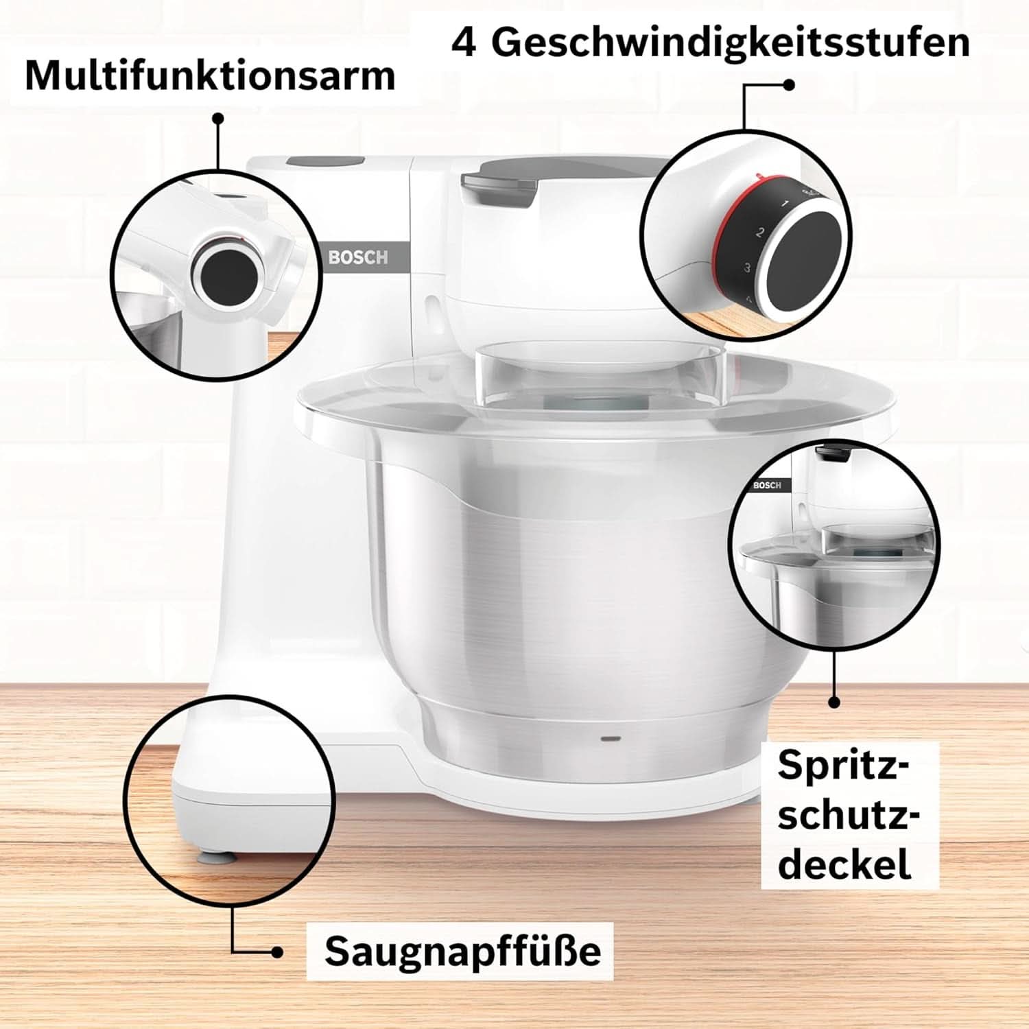 Bosch Küchenmaschine Serie 2 MUMS2EW00, Edelstahl-Schüssel 3.8 L, Planetenrührwerk, Knethaken, Schlag-, Rührbesen Edelstahl, 4 Arbeitsstufen, Durch Optionales Zubehör Erweiterbar, 700W, Weiß Kitchen Naty Shop