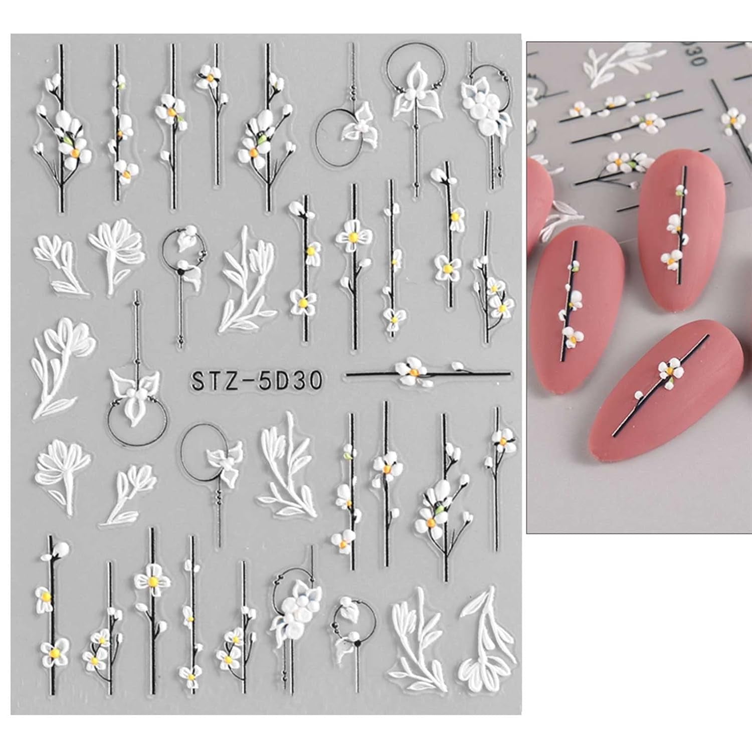 JMEOWIO 3D Nagelsticker Frühling Blume Nail Art Sticker Selbstklebend Nagelaufkleber 5D Stereoskopisk Blumen Dekoration Nageldesign Zubehör 4 Blatt