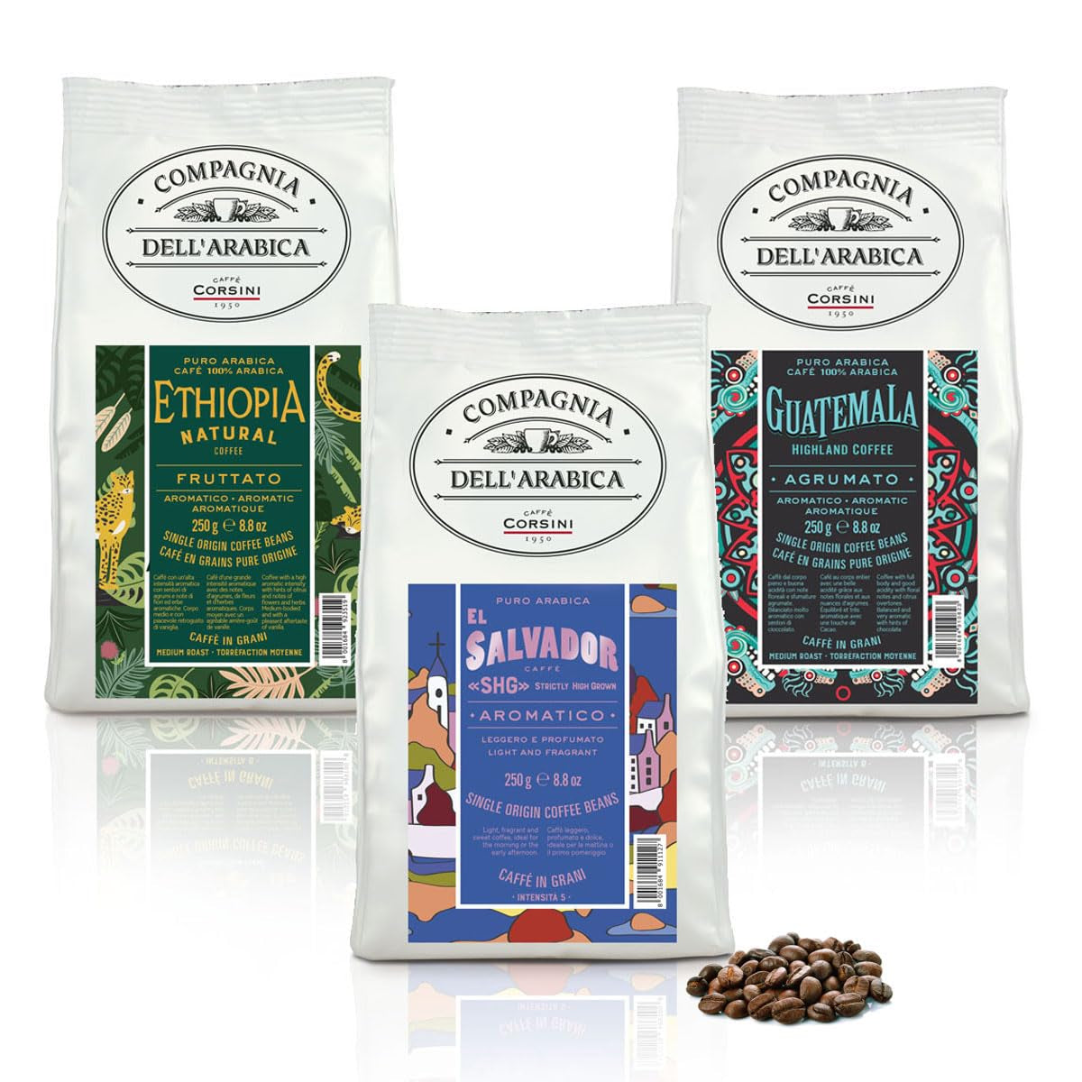 Caffè Corsini - Kaffeebohnen 3x250g Compagnia Dell'Arabica Set Guatemala/Äthiopien/El Salvador, Einzelner Ursprung, totalt 750g