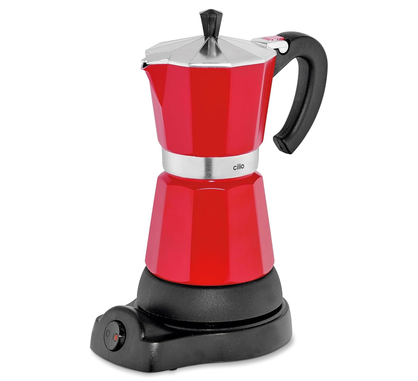 Cilio Classico espressomaskin för 6 koppar | elektrisk 480W | Ø 11,5 cm Höjd: 25 cm | aluminium | röd | integrerad häll | med värmebevarande funktion och reducerande filter | för resor eller camping