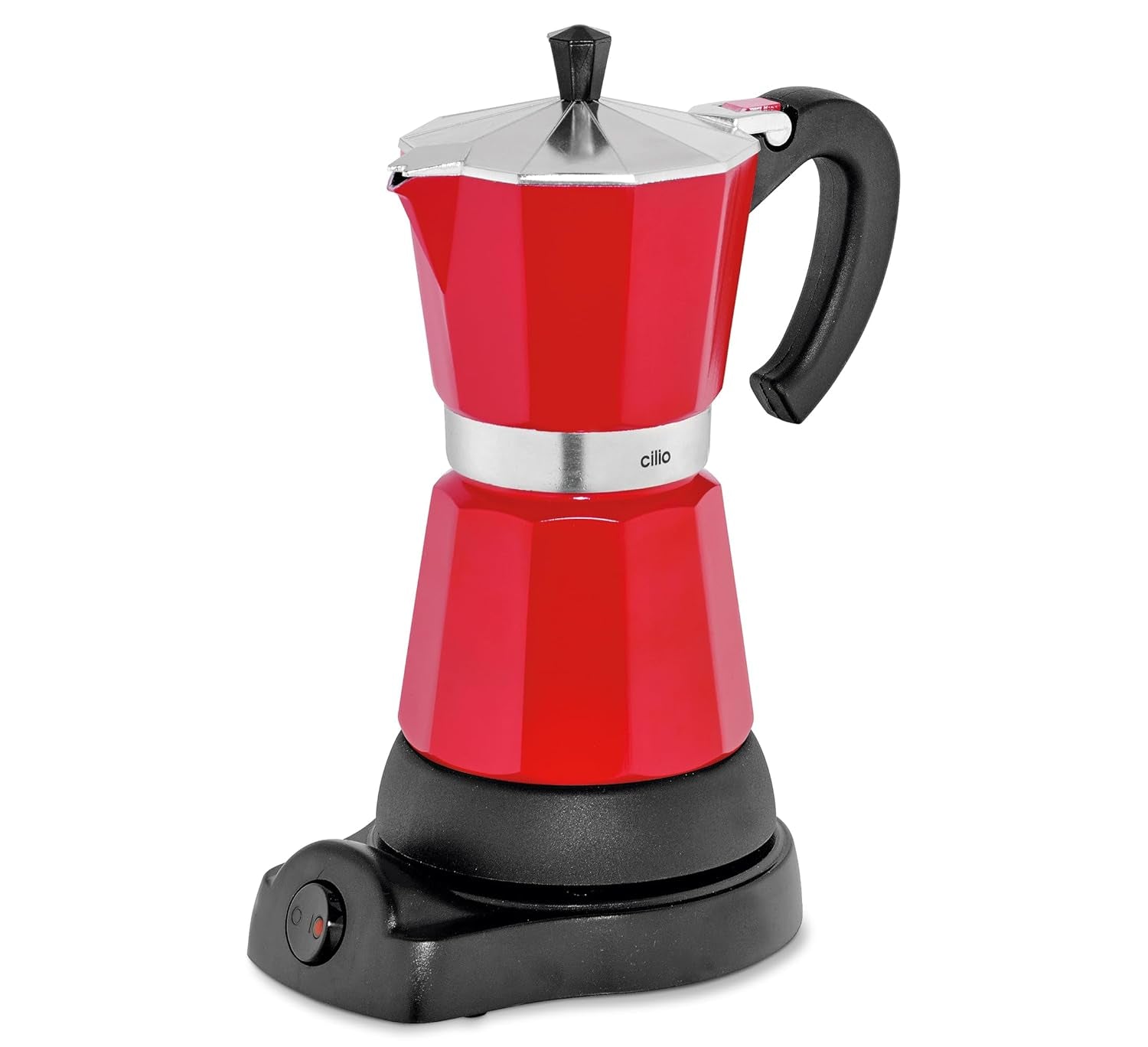 Cilio Classico espressomaskin för 6 koppar | elektrisk 480W | Ø 11,5 cm Höjd: 25 cm | aluminium | röd | integrerad häll | med värmebevarande funktion och reducerande filter | för resor eller camping