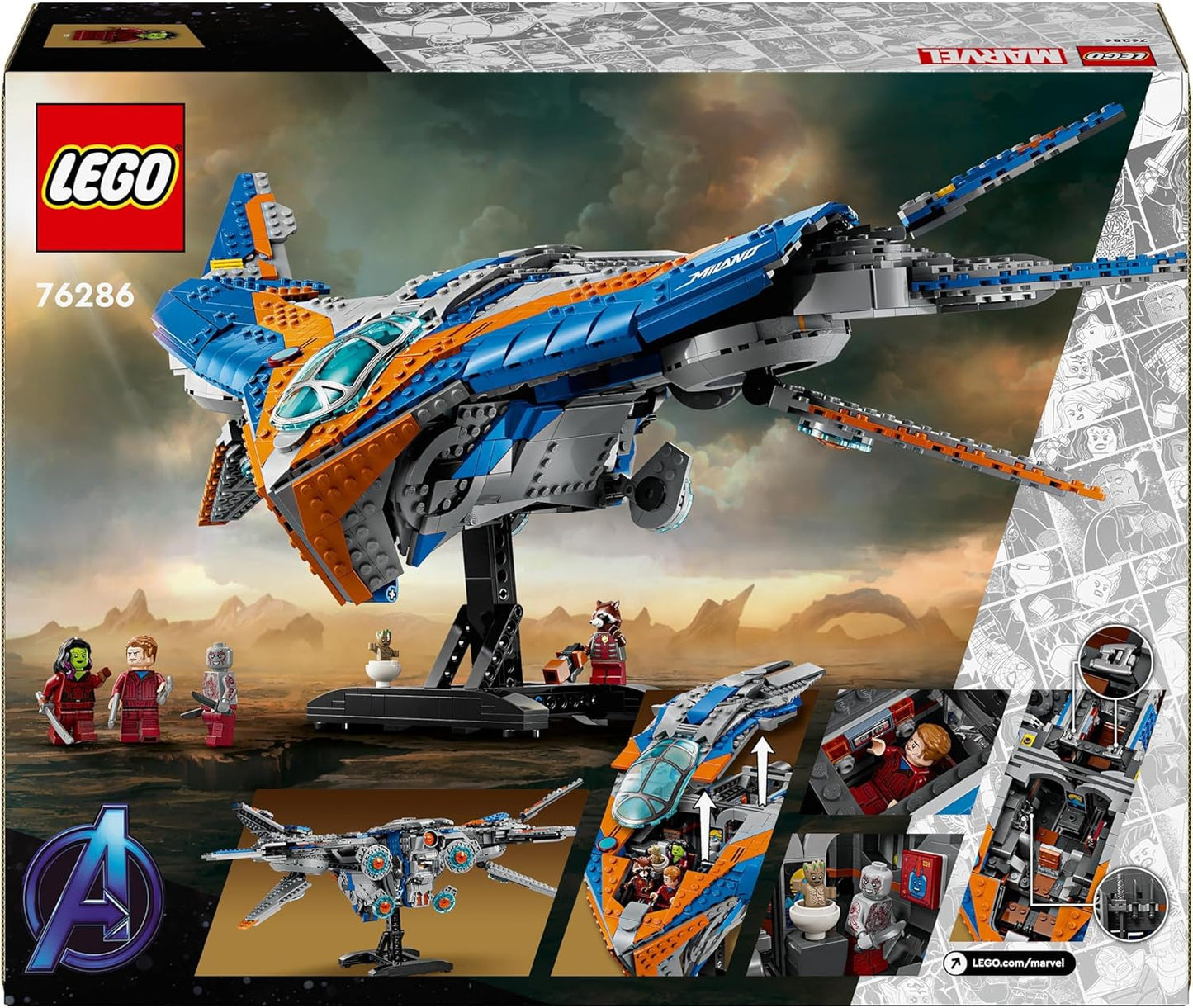 LEGO Marvel Guardians of the Galaxy: The Milano Building Spaceship Model with 4 Superhero Minifigures Avengers Flyer for Space Adventures Present för pojkar och flickor 76286 Byggset Beuche den LEGO-Store