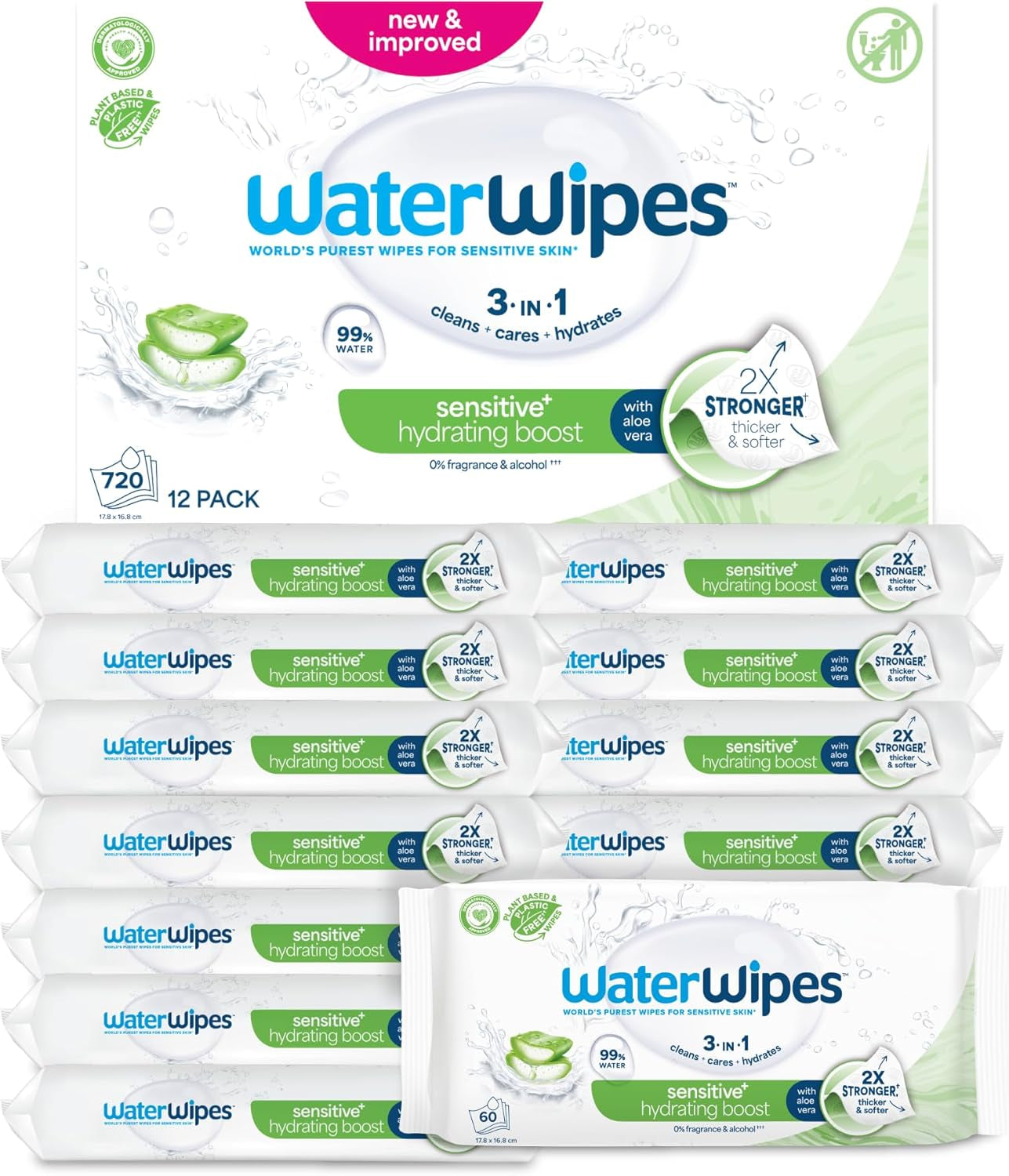 WaterWipes Sensitive+ Hydrating Boost våtservetter, hydratiserande våtservetter, 360 delar (6-pack), 3 i 1 rengöring, vård, hydrat, 99 % aloe vera-vatten, oparfymerade babyservetter