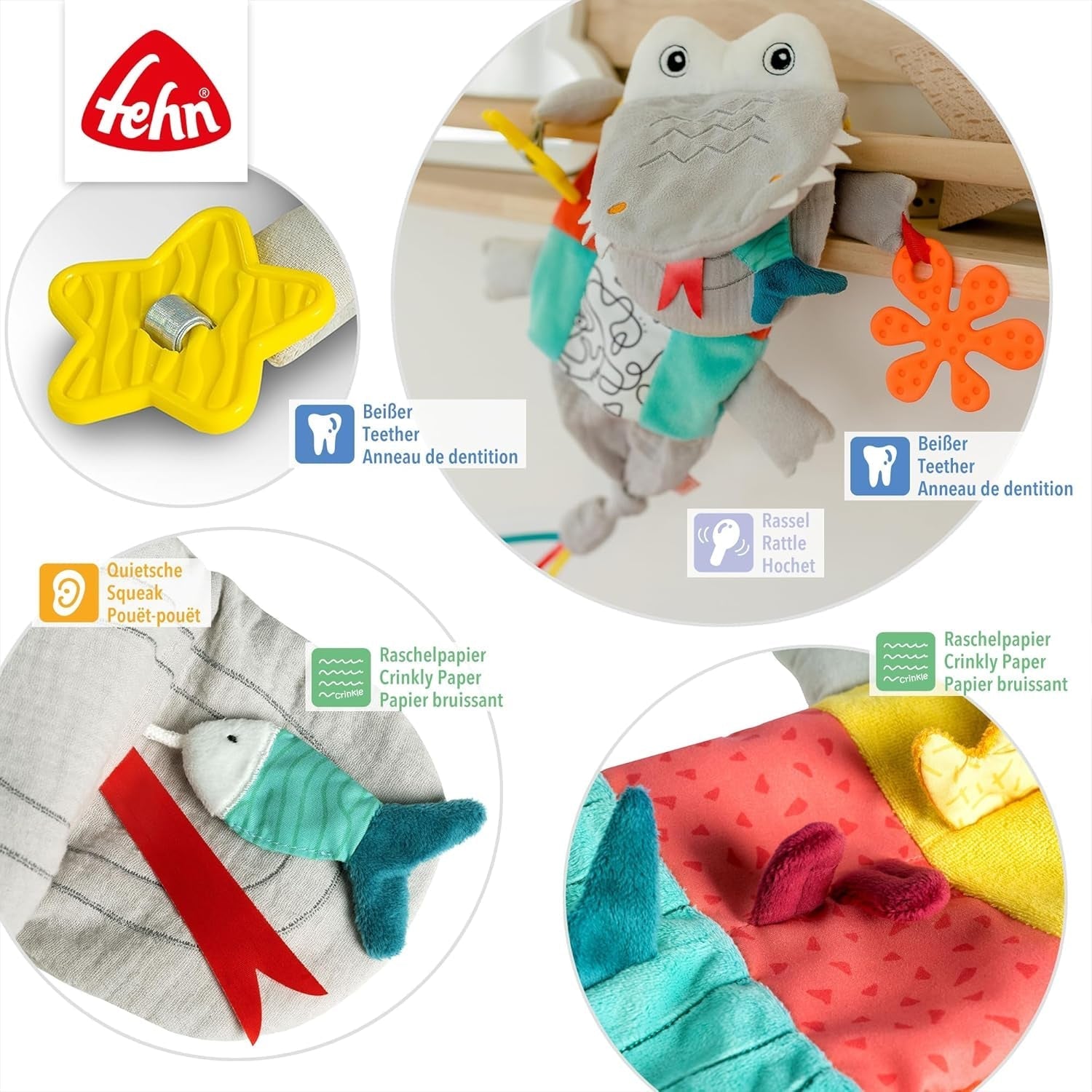 Fehn Baby Handdocka Krokodil - Plyschleksak med skallra, prasslande papper, bitring och gnissling - Babyhanddocka - Poppande leksak för spädbarn och småbarn 6+ månader Babyleksaker Naty Shop
