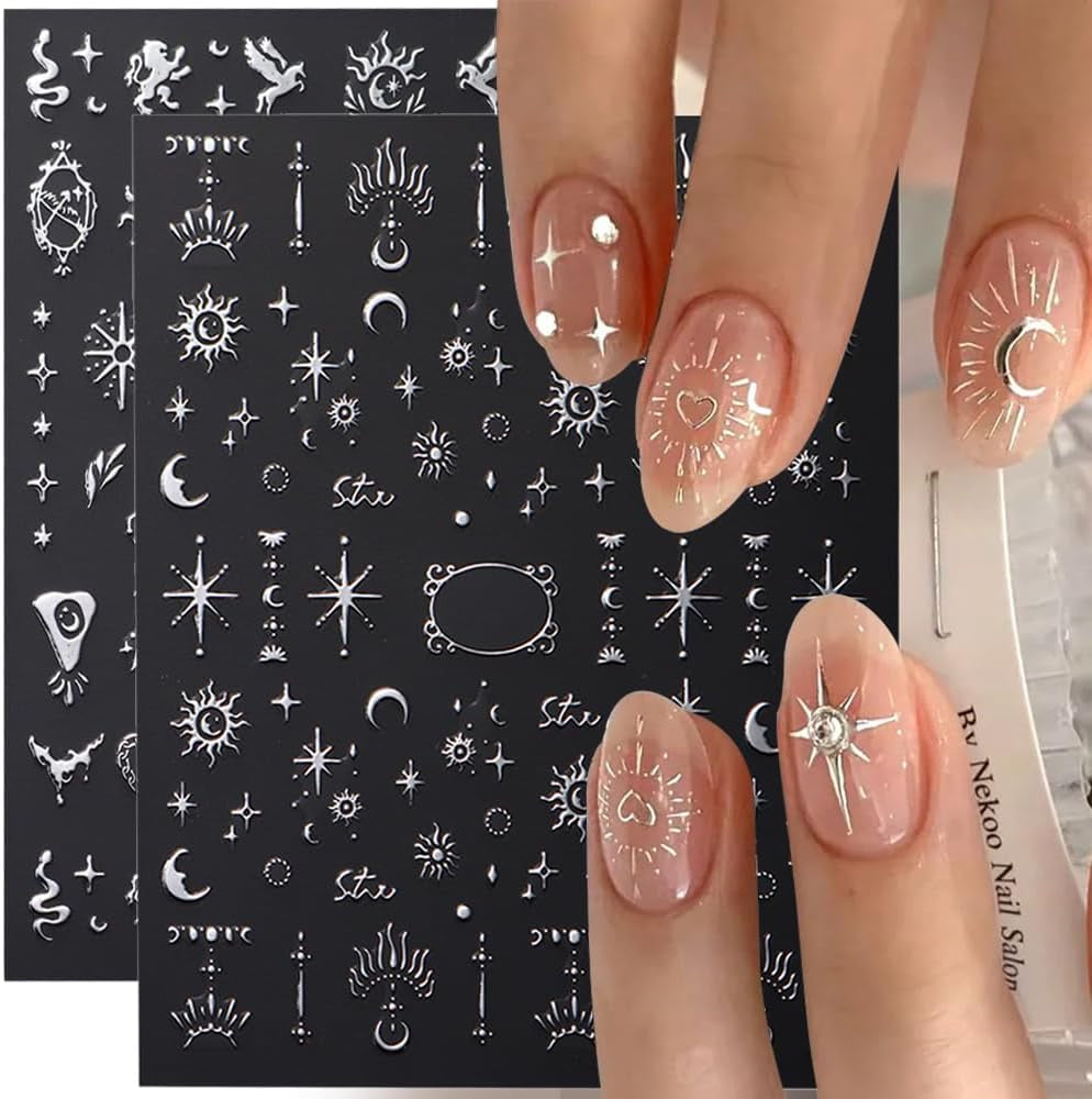 3D silvermetalliska nagelklistermärken, nagelklistermärken för kvinnor, stjärna, måne, sol, nagelfolie, självhäftande klistermärken, fjärilsnagelklistermärken, nagelklistermärken, nageldesigntillbehör, 8 st