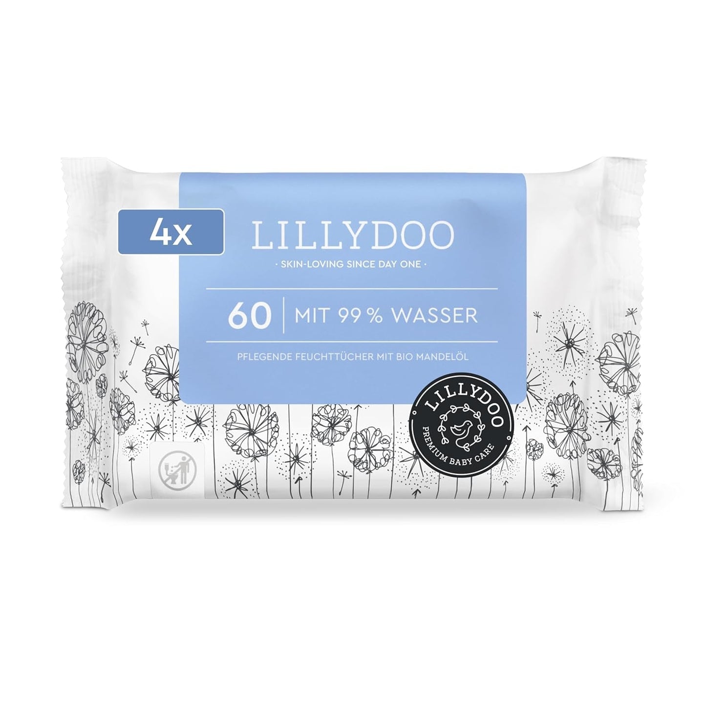 LILLYDOO Gröna våtservetter, 600 antal (10 x 60), 100 % plastfri tårbeständig våtservett - Doftfri, skonsam och naturlig, skonsam rengöring för känslig hud, dermatologiskt testad