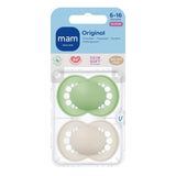 MAM originalnappar, 2-pack, tandvänliga nappar, gjorda av hållbara och bioregenererbara material, MAM SkinSoft silikonnappar, med napplåda, 6-16 månader, grön/beige