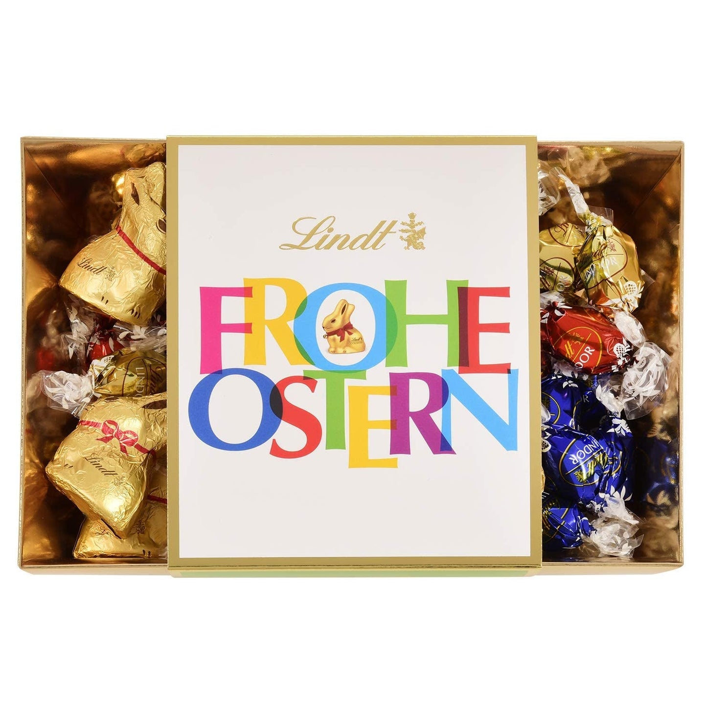 Färgglada Lindt Chocolate Easter Nest | 310 g | 8 x Mini Golden Bunnies, 26 x Lindor Mjölkchokladägg, 15 x Lindor Vita Chokladägg, 10 x Lindor Mörk Chokladägg | Påskchoklad | Gåva av choklad