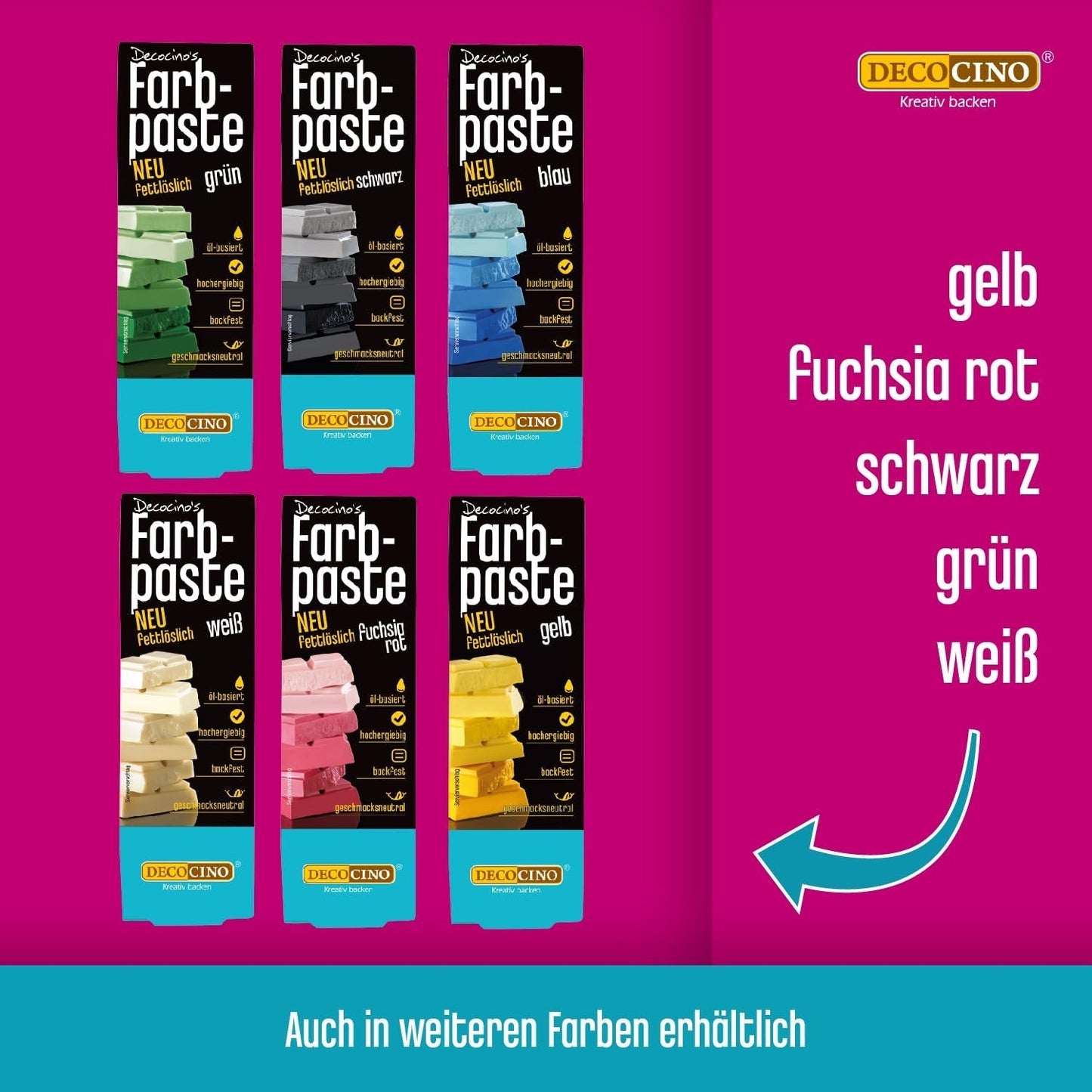 Decocino Fettlöslig färgpasta Set om 6 - 6 x 15 g - Livsmedelsfärg i rött, vitt, grönt, gult, blått och svart, perfekt för att färga tårtor, fondant och krämer - Azo- och glutenfri