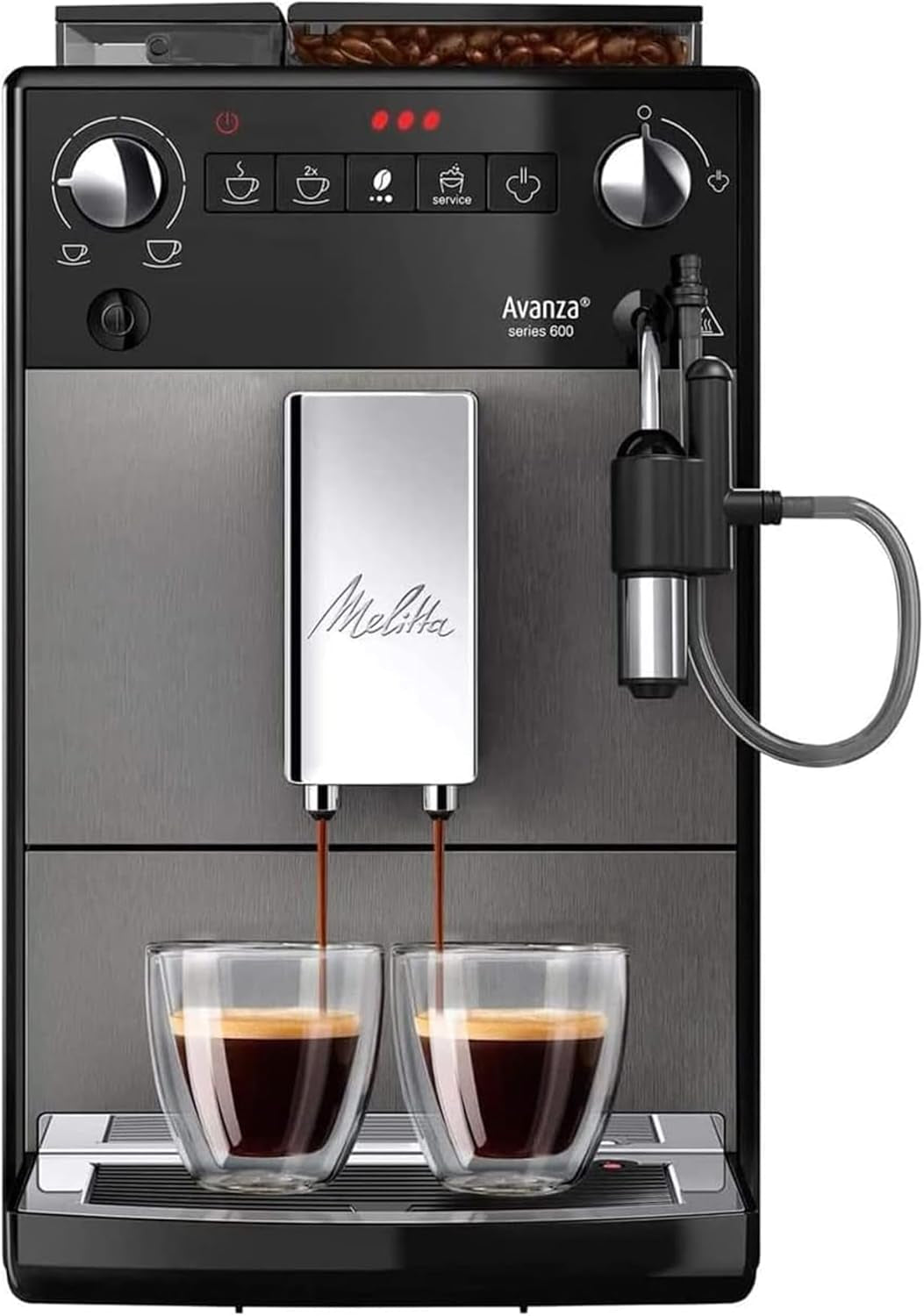 Melitta Avanza - Helautomatisk espressomaskin med mjölksystem, espressomaskin med kvarn och extra stor vattentank (1,5 l) för t.ex. cappuccino eller espresso, mystisk titan