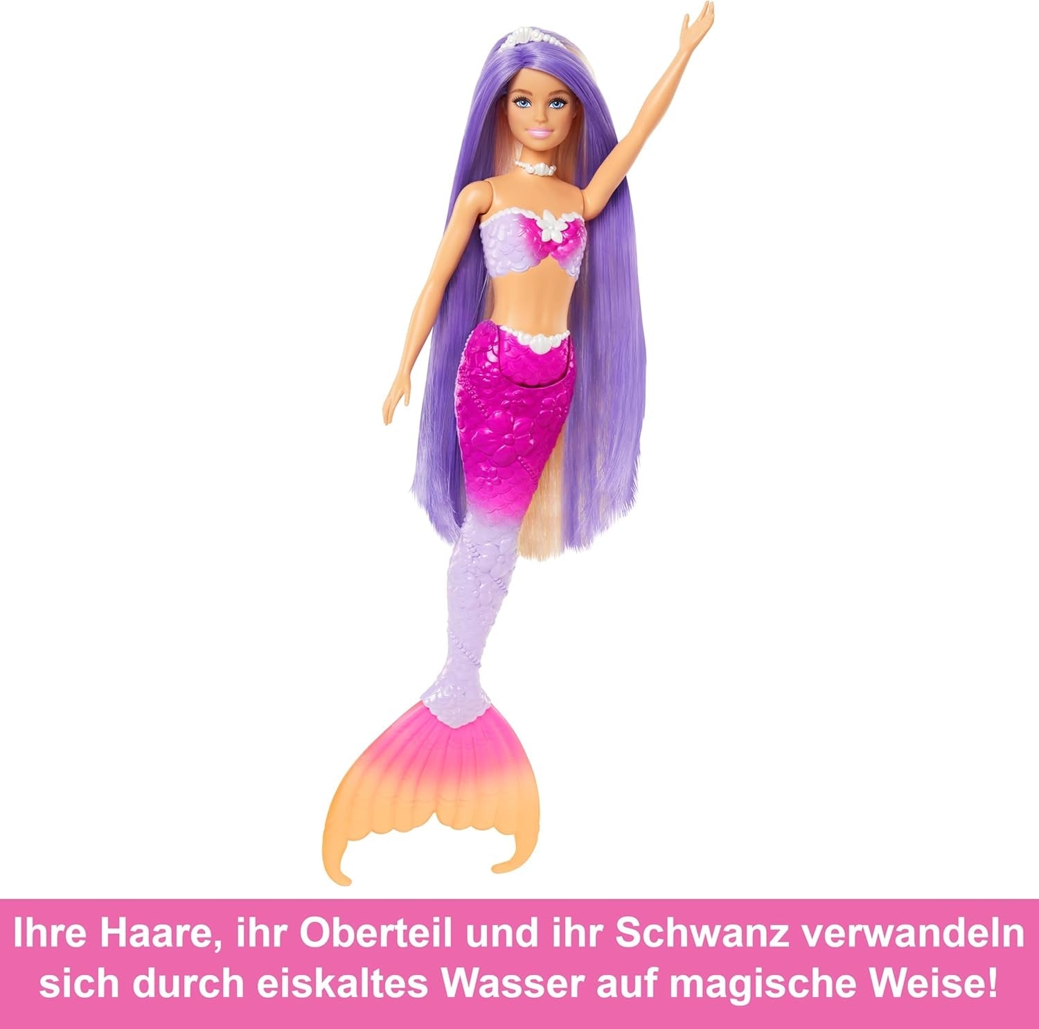 BARBIE sjöjungfrudocka - Inspirerad av tv-serien "Barbie: Hidden Magic" med färgskiftande effekt och accessoarer, 19 cm långt rosa hår för styling, för barn från 3 år och uppåt, HRP97