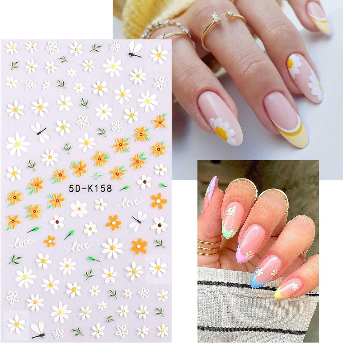 JMEOWIO 3D Nagelsticker Frühling Blumen 5 Blatt Nagelaufkleber 5D Stereoskopisk Selbstklebend Bunte Blüte Nail Art Sticker Dekoration Nageldesign Zubehör