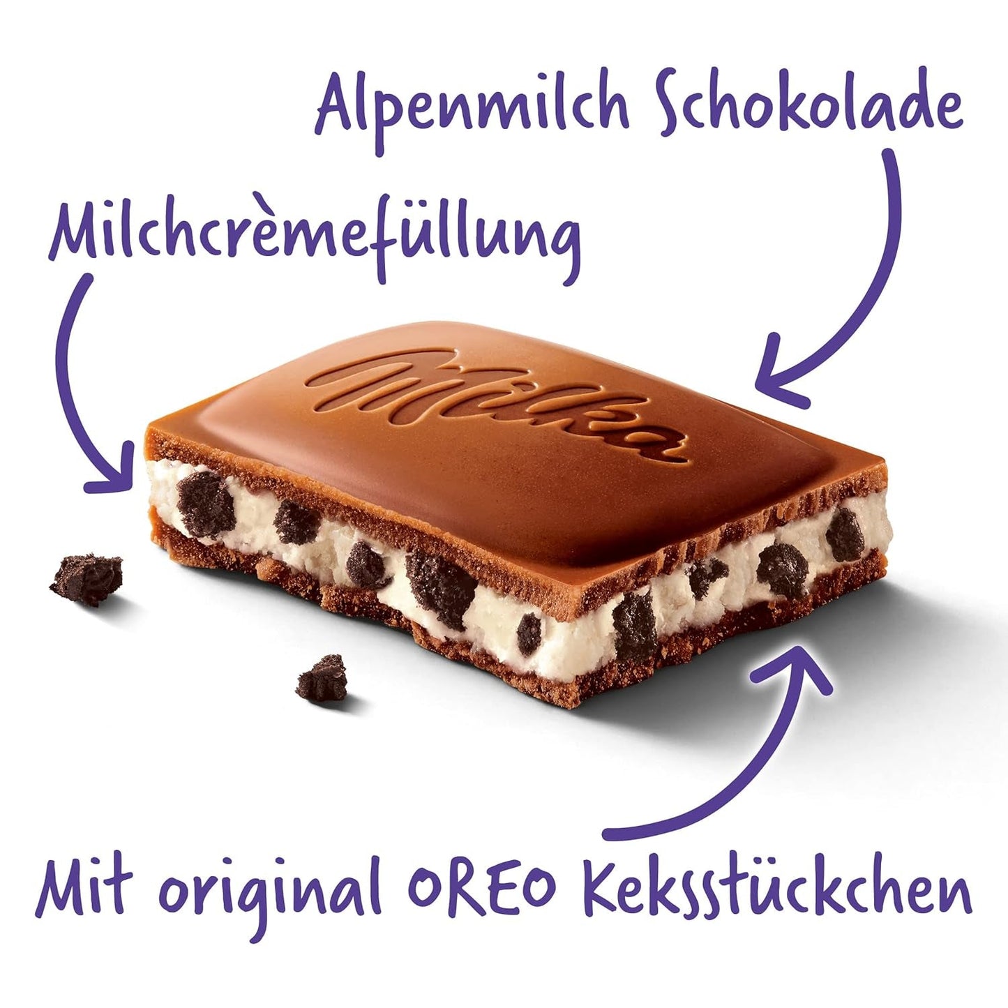Milka Oreo – alpin mjölkchoklad fylld med knapriga bitar av oreokex och slät vaniljkräm – 100g