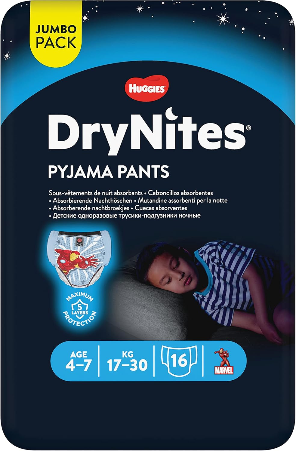 DryNites Absorberande sängvätningsblöjor för pojkar 4-7 år (17-30 kg), Jumbo månadspaket, 64