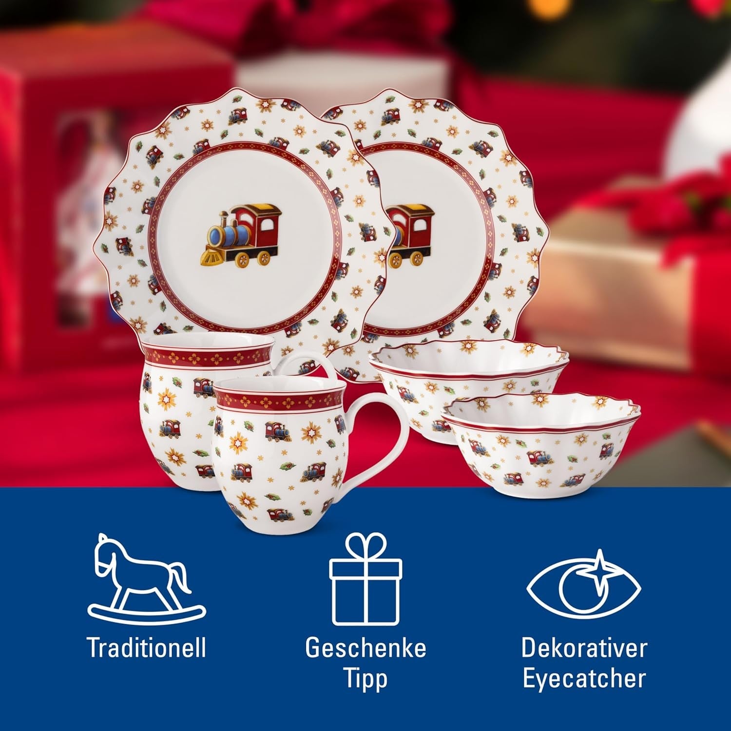 Villeroy & Boch - Toy's Delight frukostset för 2, lokdesign, 6 delar, färgglatt, jul, servisset med tallrikar, koppar och skålar till frukost, julservis, premiumporslin
