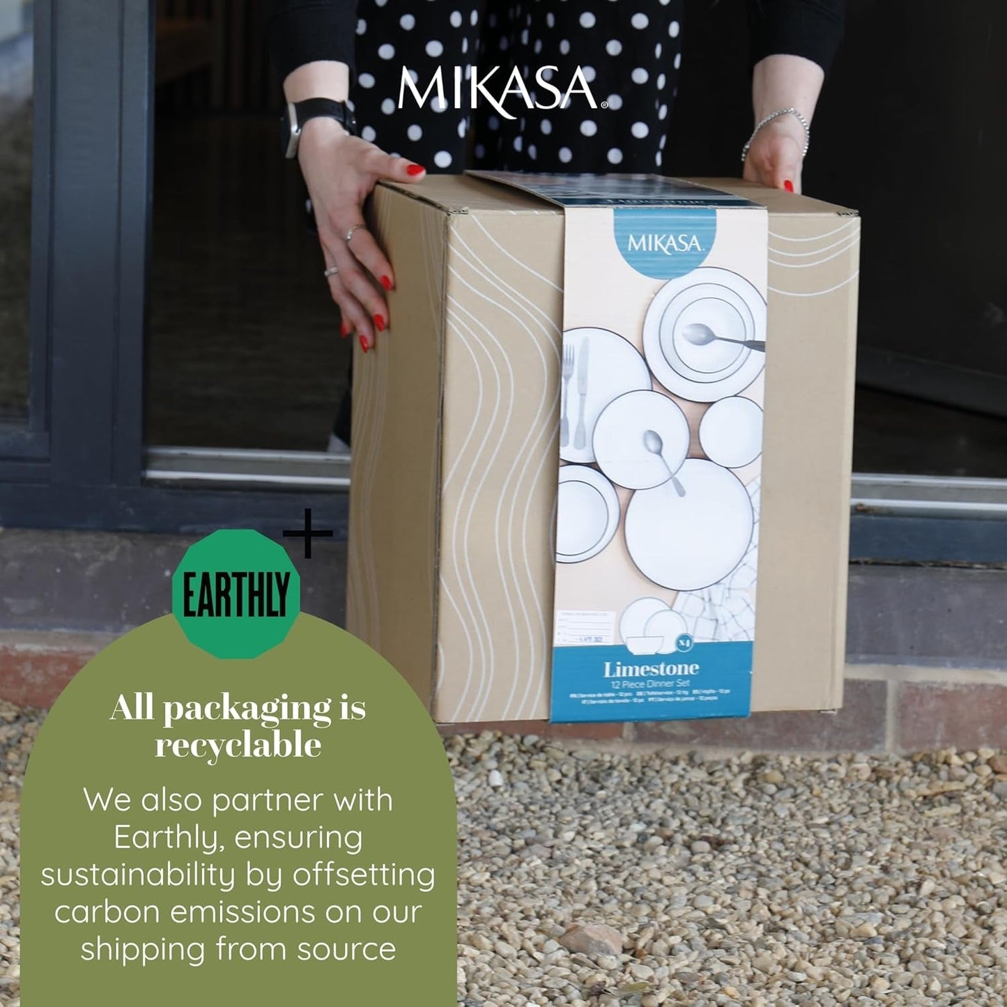Mikasa Jardin 12-delat servisset, 4-personers servisset i stengods med tallrikar, sidotallrikar och skålar, grönt - presentförpackning och diskmaskinssäker
