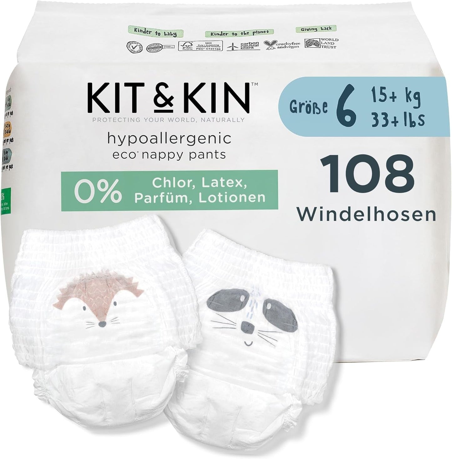 Kit & Kin Premium Eco-blöjor, storlek 4 (9-16 kg), 132 blöjor, växtbaserade och allergivänliga, pålitligt läckskydd, vegan och grymhetsfri
