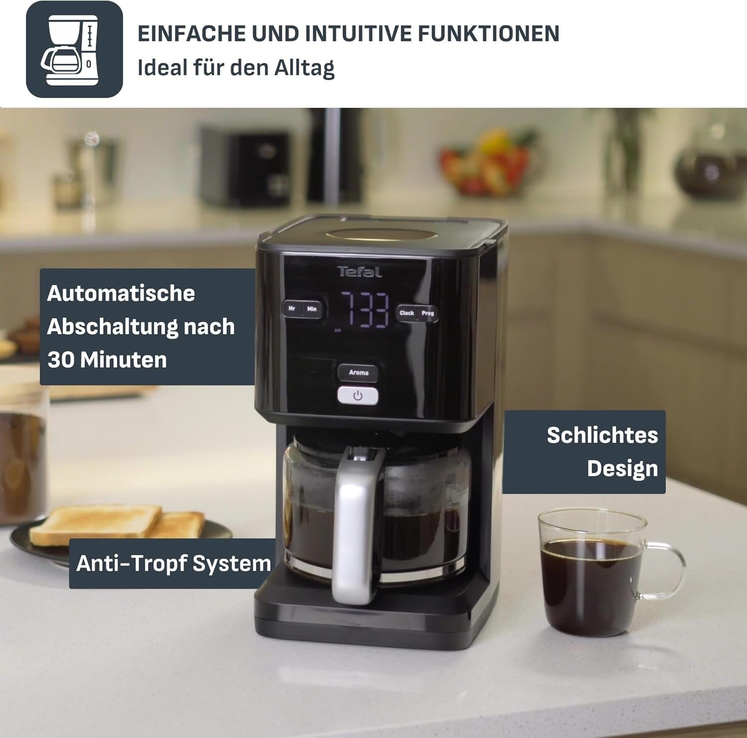 Tefal Smart'n Light Espressomaskin med timer, Espressomaskin med programmerbart filter 1,25 L, Aromafunktion för intensiv arom, Varmhållningsfunktion, Anti-dropp och lätt att rengöra, Svart