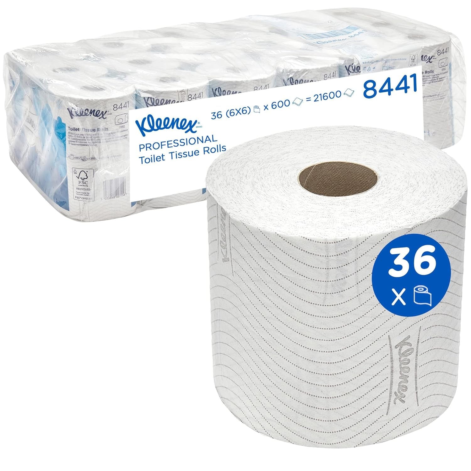 Kleenex standardrulle 8441 toalettpapper - 2-skikts toalettpapper - 6 paket med 6 rullar X 600 ark vardera, vit (36 rullar/21 600 ark totalt)
