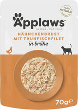 Applaws 100% naturliga Nassfutter für Katzen, Hühnerbrust mit Tunfischfilet in Brühe - Packung mit 12 x 70g Beuteln