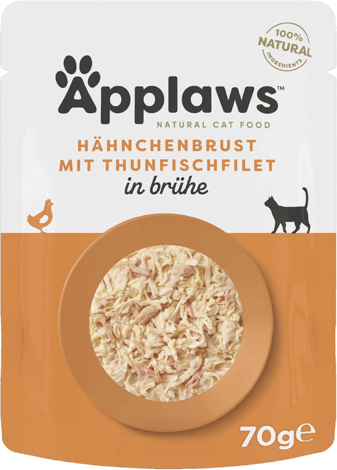 Applaws 100% naturliga Nassfutter für Katzen, Hühnerbrust mit Tunfischfilet in Brühe - Packung mit 12 x 70g Beuteln