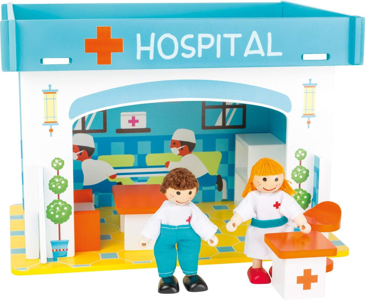 Small Foot 10852 Playhouse Restaurant Tillverkad av trä, Med 2 dockfigurer, tillbehör och avtagbart tak, Från 3 år Dockhus Naty Shop Hospital