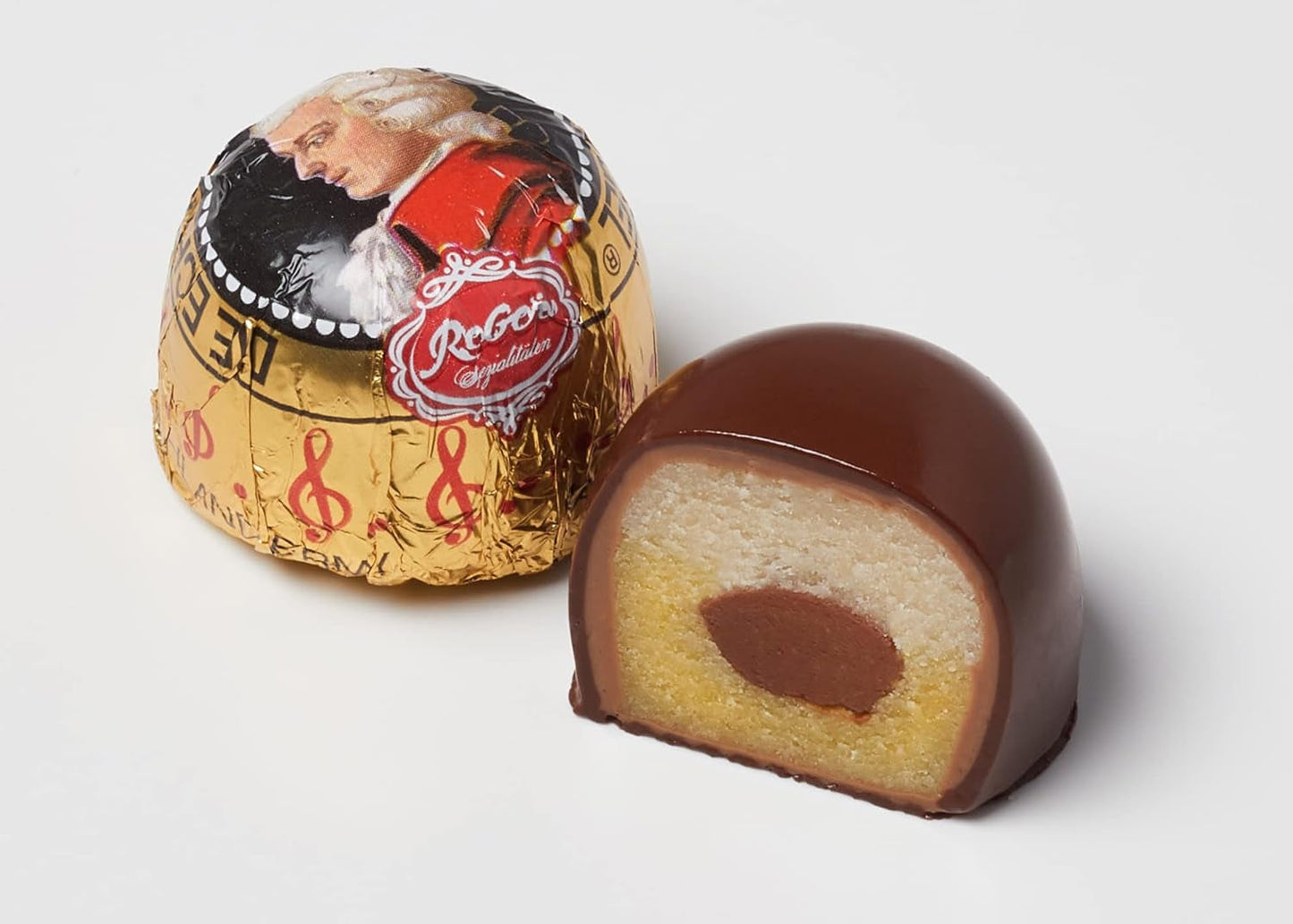 Rebel, Duet Mozart Kugeln, förpackning om 2, mörk choklad Mozartbollar fyllda med pistage och marsipan, mandel och hasselnötsnougat, 40g (2 Mozartkulor)