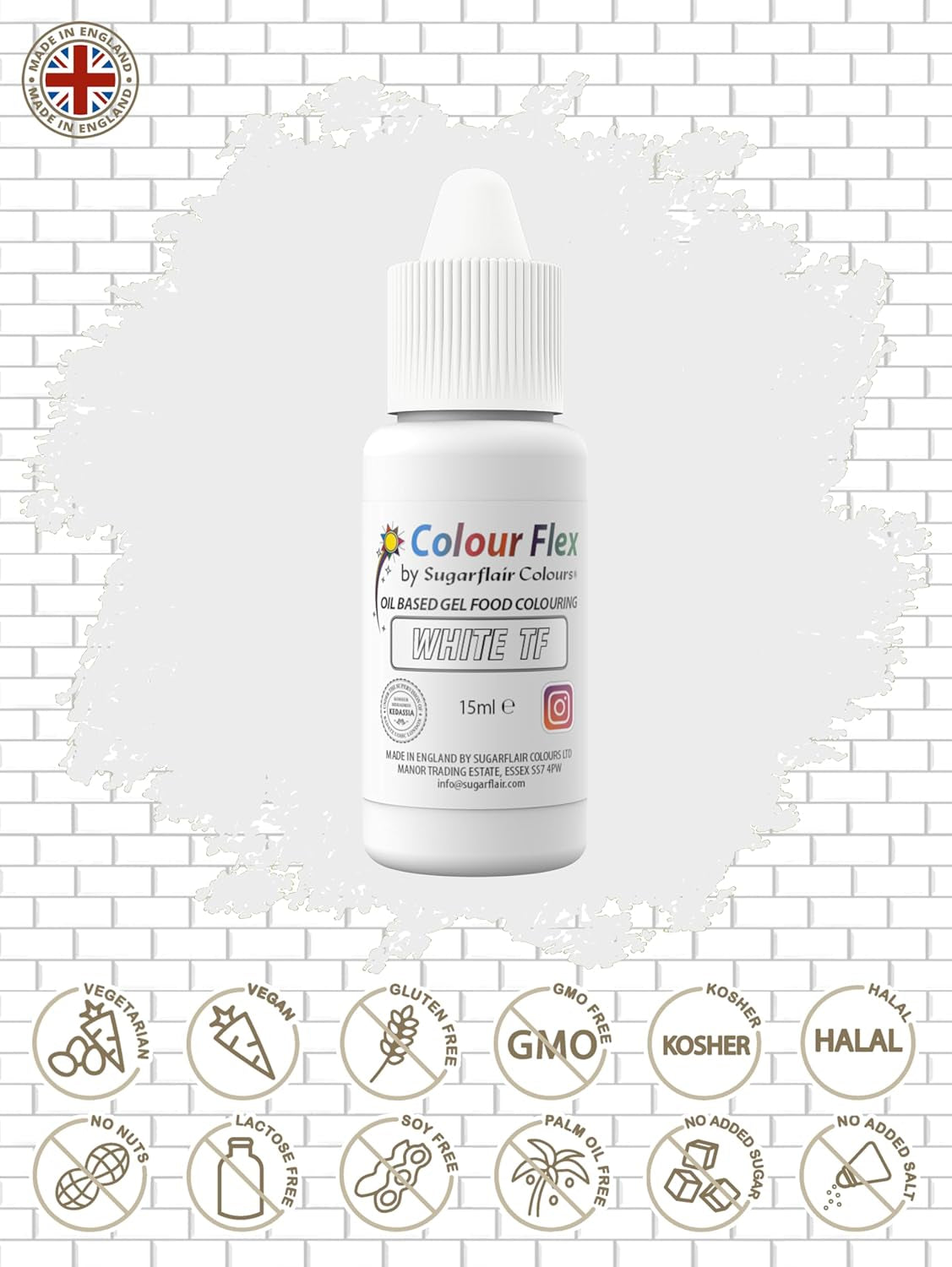 Sugarflair Colourflex vit oljebaserad livsmedelsfärg, högkoncentrerad flytande livsmedelsfärg, matfärg för smörkräm, choklad, deg, fondant, glasyr och mer - 15 ml