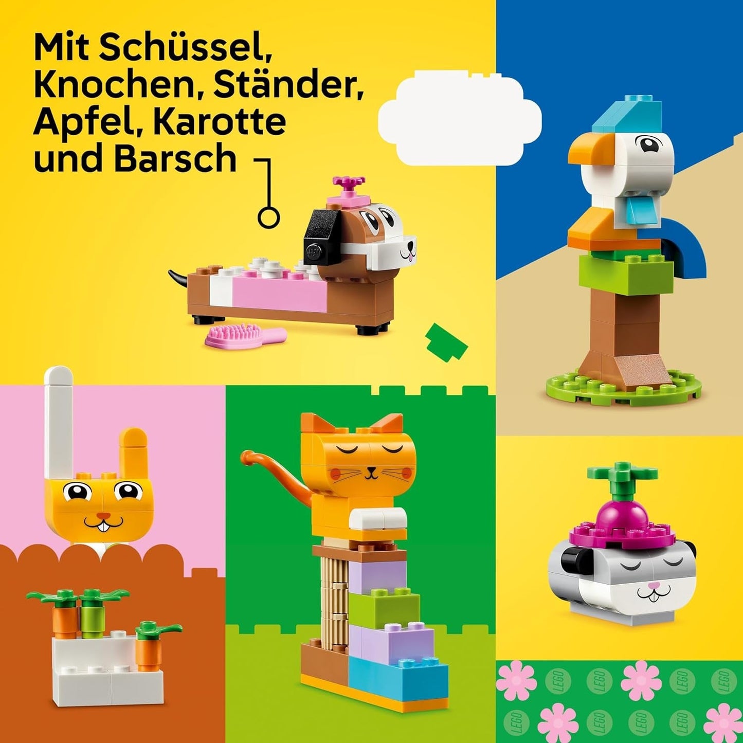 LEGO Classic Creative Animals, låda med färgglada klossar, bygg tegeldjursfigurer som hund, katt, kanin, hamster och fågel, byggleksak för pojkar och flickor från 5 år 11034 Byggset Besuche den LEGO-Store