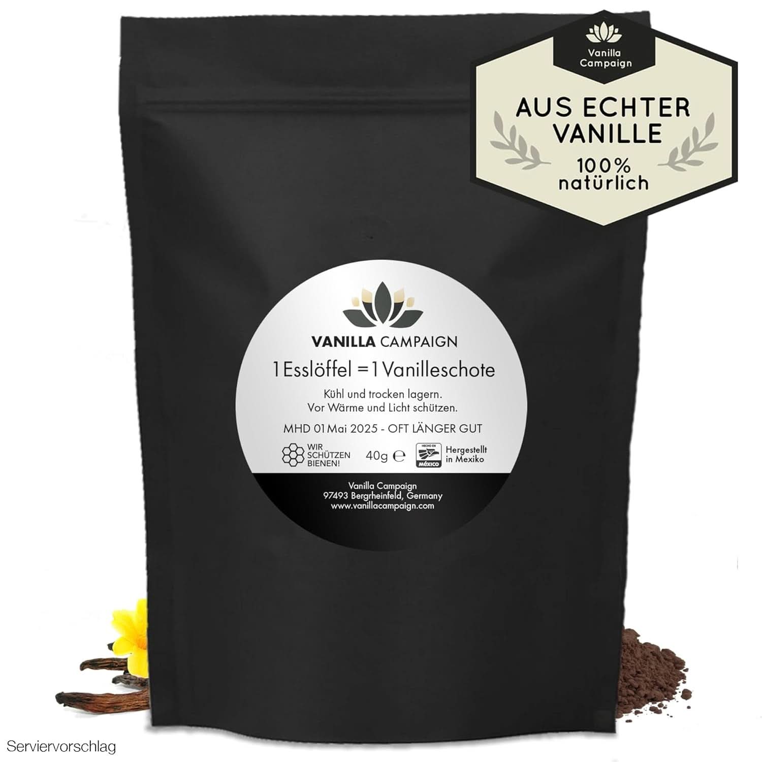 Premium vaniljpulver från äkta vaniljbönor, naturligt, sockerfritt, inga tillsatser, rättvisemärkt, veganskt (40 g utan förpackning) från Vanilla Campaign® Flavors Naty Shop 40 g (enkeldos)