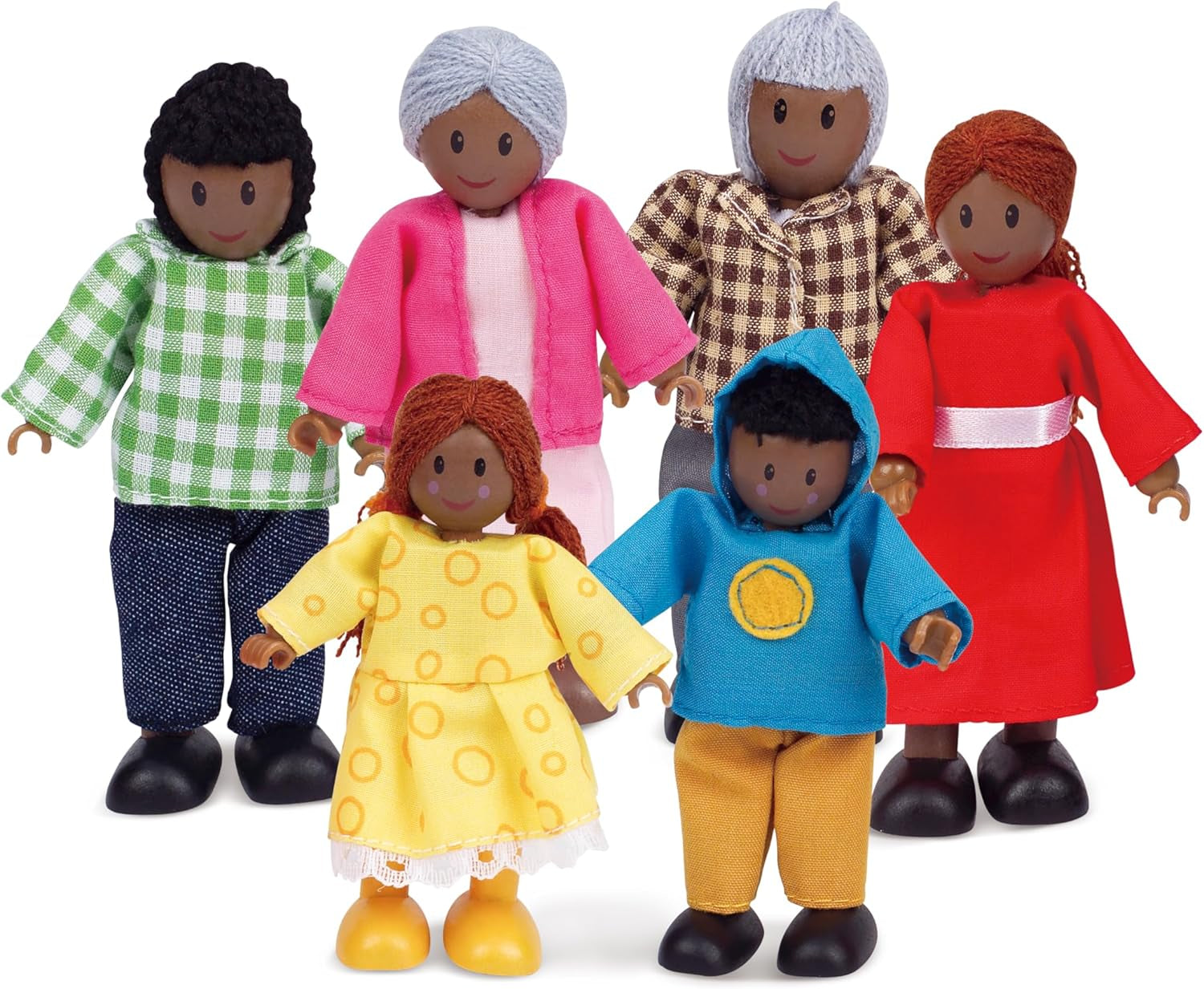 Hape Doll Family - 6 delar mörkt läder dockhustillbehör set med trä- och tygfigurer, låtsaslek, pedagogisk leksak, interaktiv inlärningsleksak för barn från 3 år och uppåt