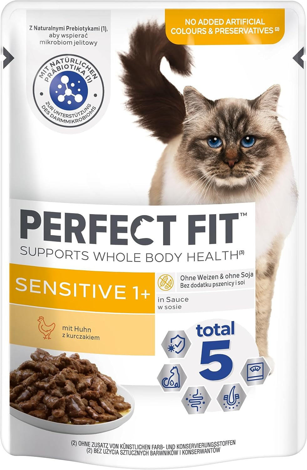 Våtfoder för katter Perfect Fit Sensitive 1+ med kyckling i sås, 12 påsar, 12 x 85g - Premium våtfoder för känsliga katter från 1 år, utan vete och soja, för att stödja matsmältningen