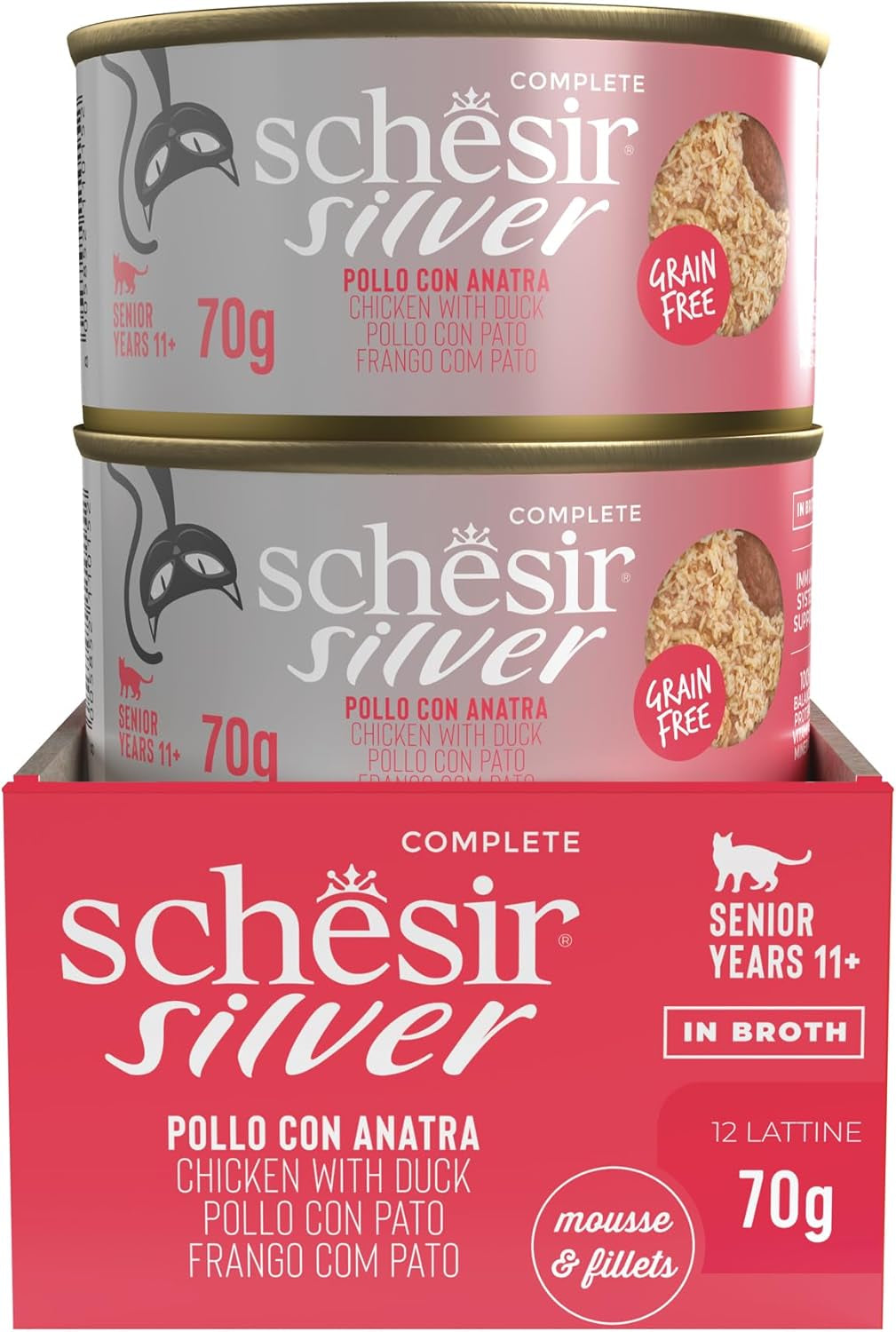 Silverkyckling med ankmousse och filéer, komplett våtfoder för äldre katter, spannmålsfri, immunstöd, fuktkälla, 12 x 70 g