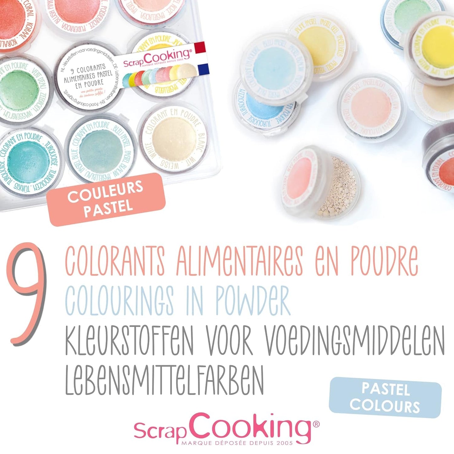 Scrapcooking - Set med 9 pastellfärger - blå, gul, korall, rosa, turkos, limegrön, vit, vattengrön, pulverrosa - Ätbart färgpulver för kakor, muffins, macarons - 4272