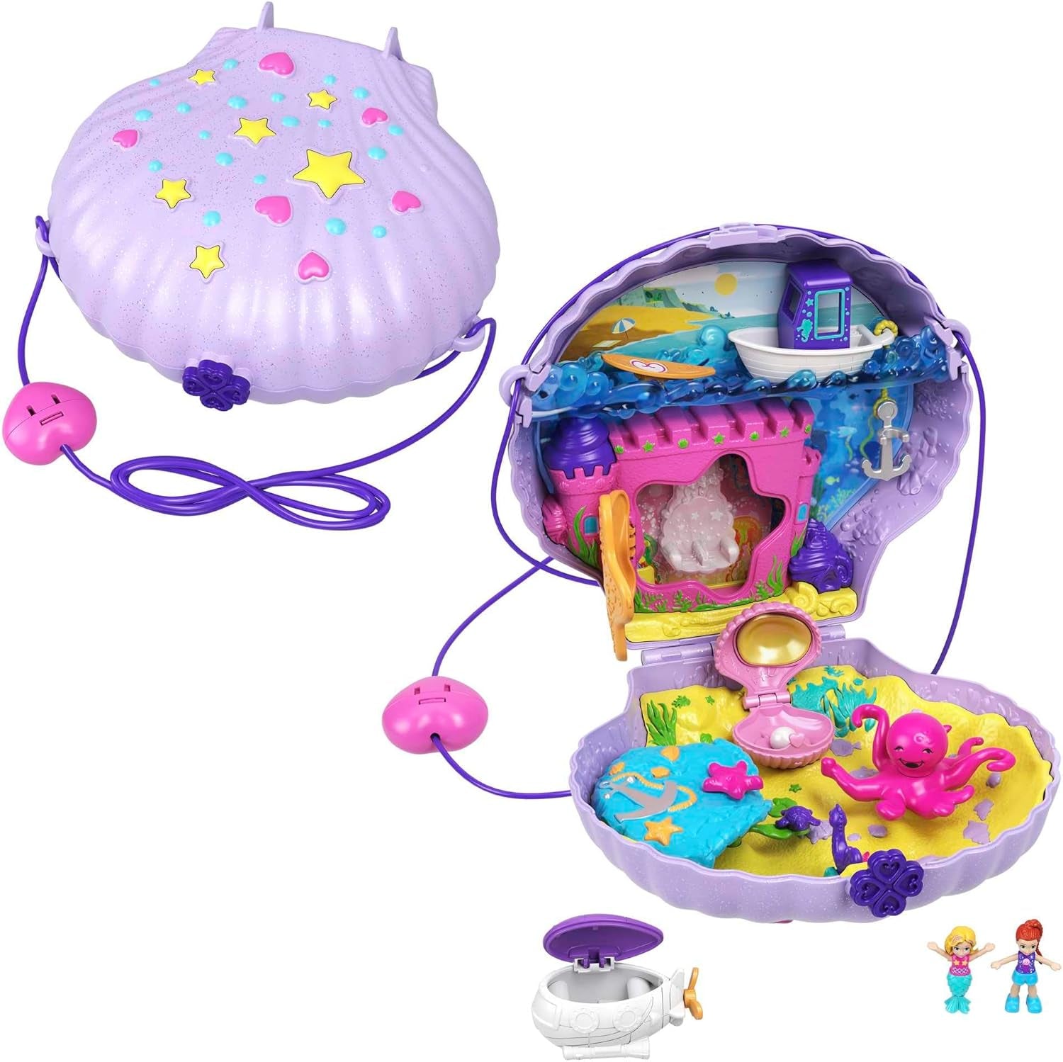 Polly Pocket Kista Undervattenstema Wrap Around Shell Bag 2 Dockor 1 Ubåt Polly Pocket Mermaid Toy Age 4 GNH11 Naty Shop Dolls Lila