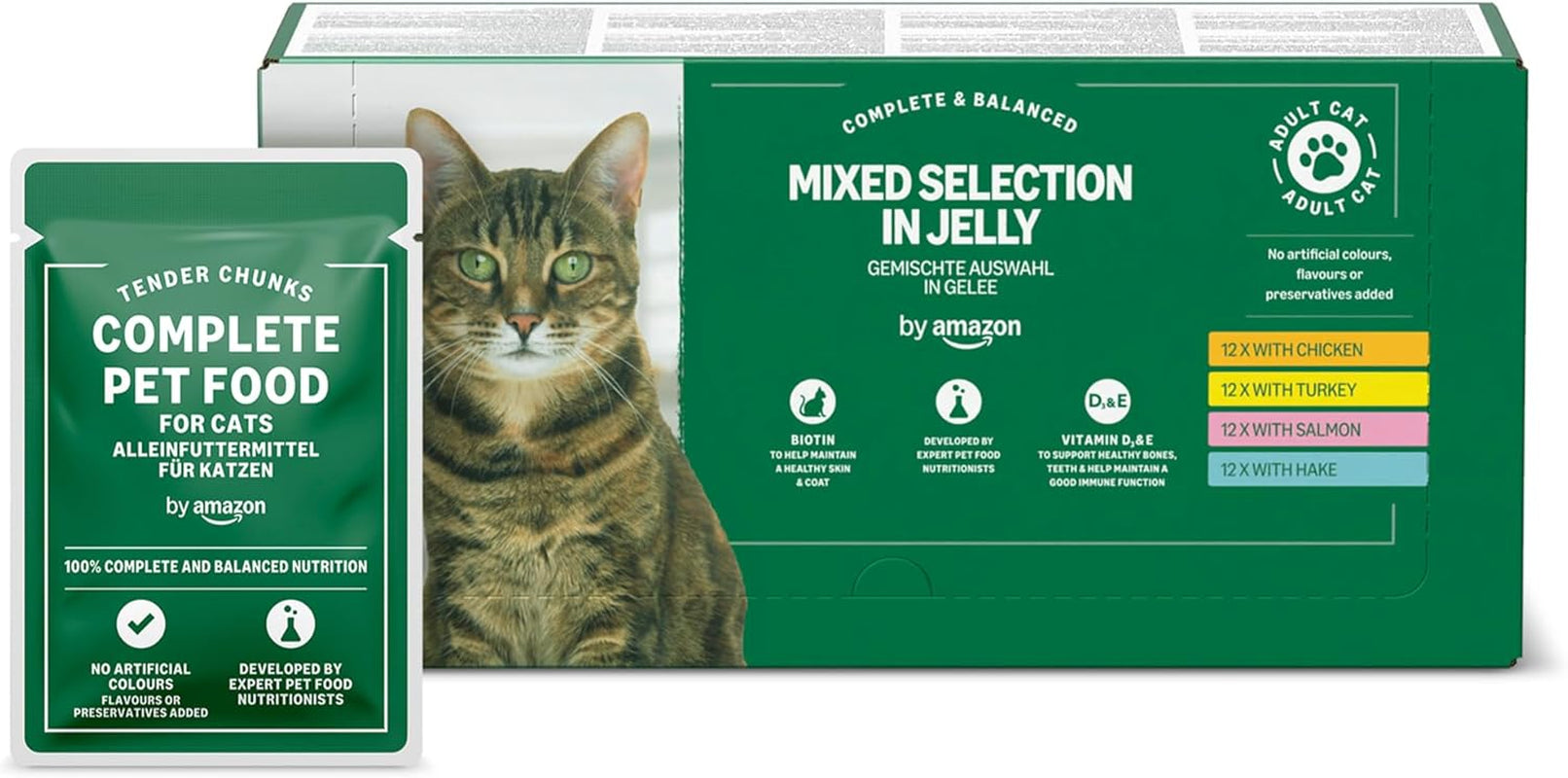 Amazon spannmålsfritt våtmat för vuxna katter Blandat urval i gelé 4,8 kg (48 förpackningar med 100 g vardera)