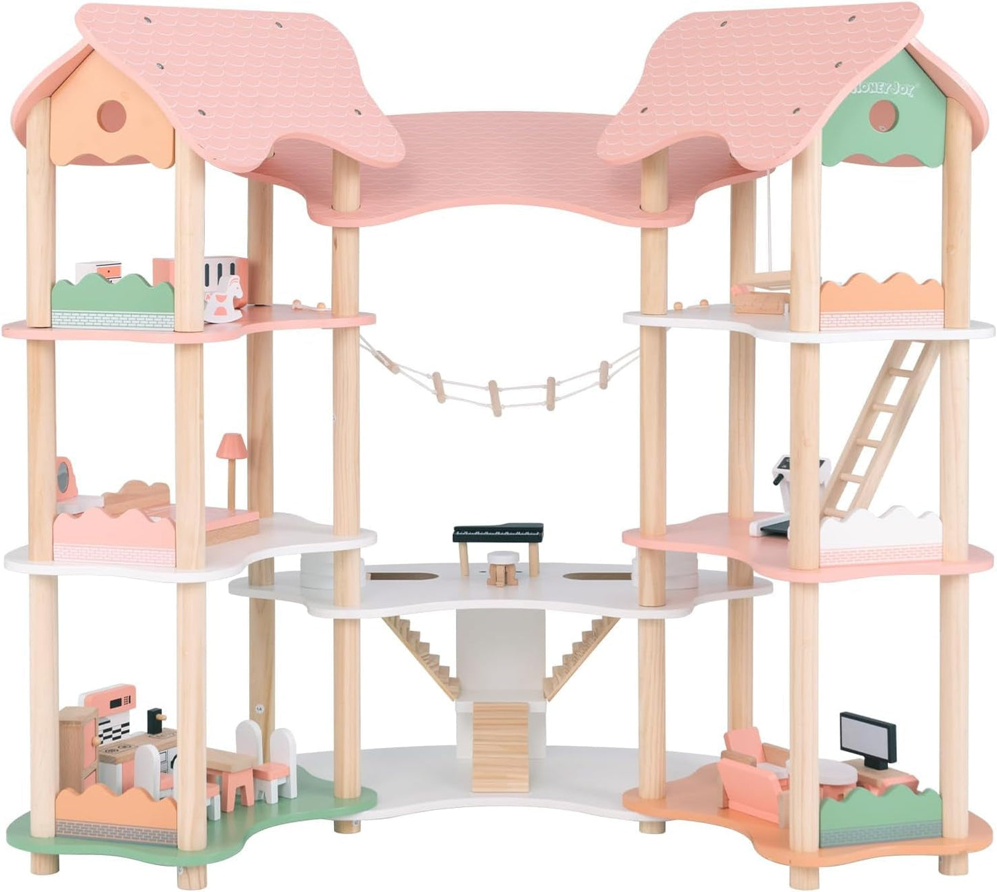 FANTASK Dockhus i trä, 85 cm höjd 7-rumsdockhus med 32 möbler och tillbehör, dockhus med repstege, dockhuspresent för 3-åriga flickor (modell 3) Naty Shop Dollhouses Standardtitel