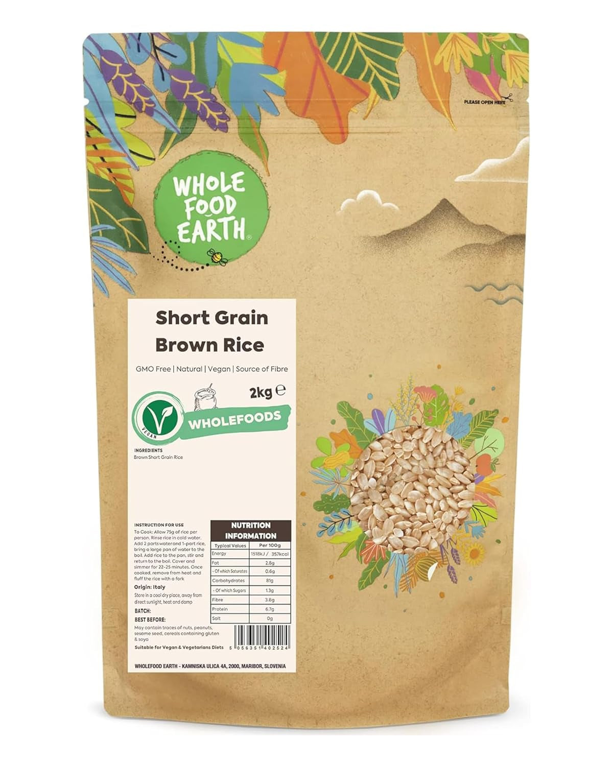 Wholefood jord kortkornigt brunt ris - icke-GMO - naturligt - veganskt - mjölkfritt - utan tillsatt socker, 2 kg