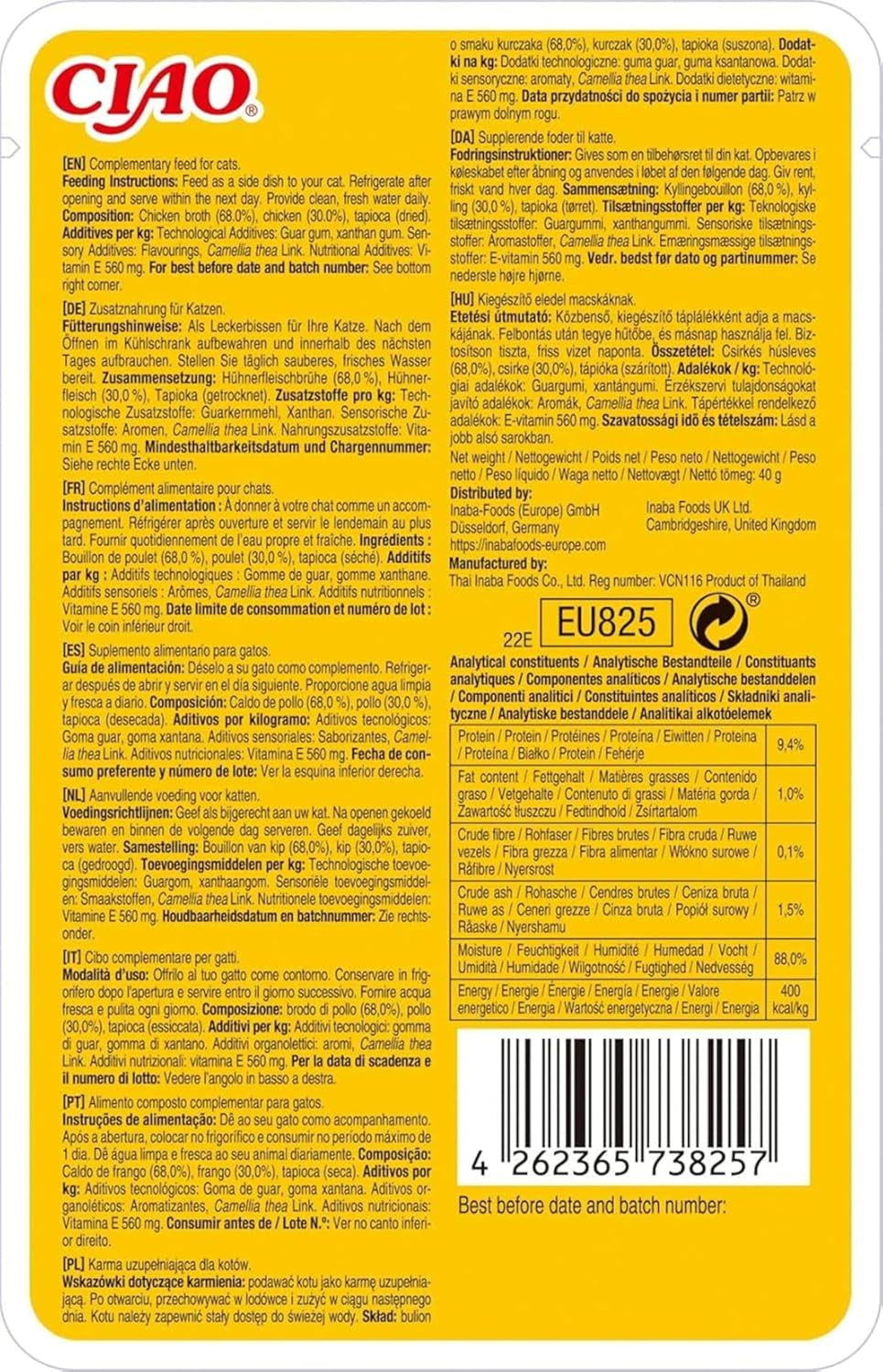 INABA Ciao-buljong Våtfoder för katter 88% fukt och vitamin E, premiumsoppa för katter med kyckling 40g (förpackning om 12), 100% naturligt kött, spannmålsfritt, sockerfritt
