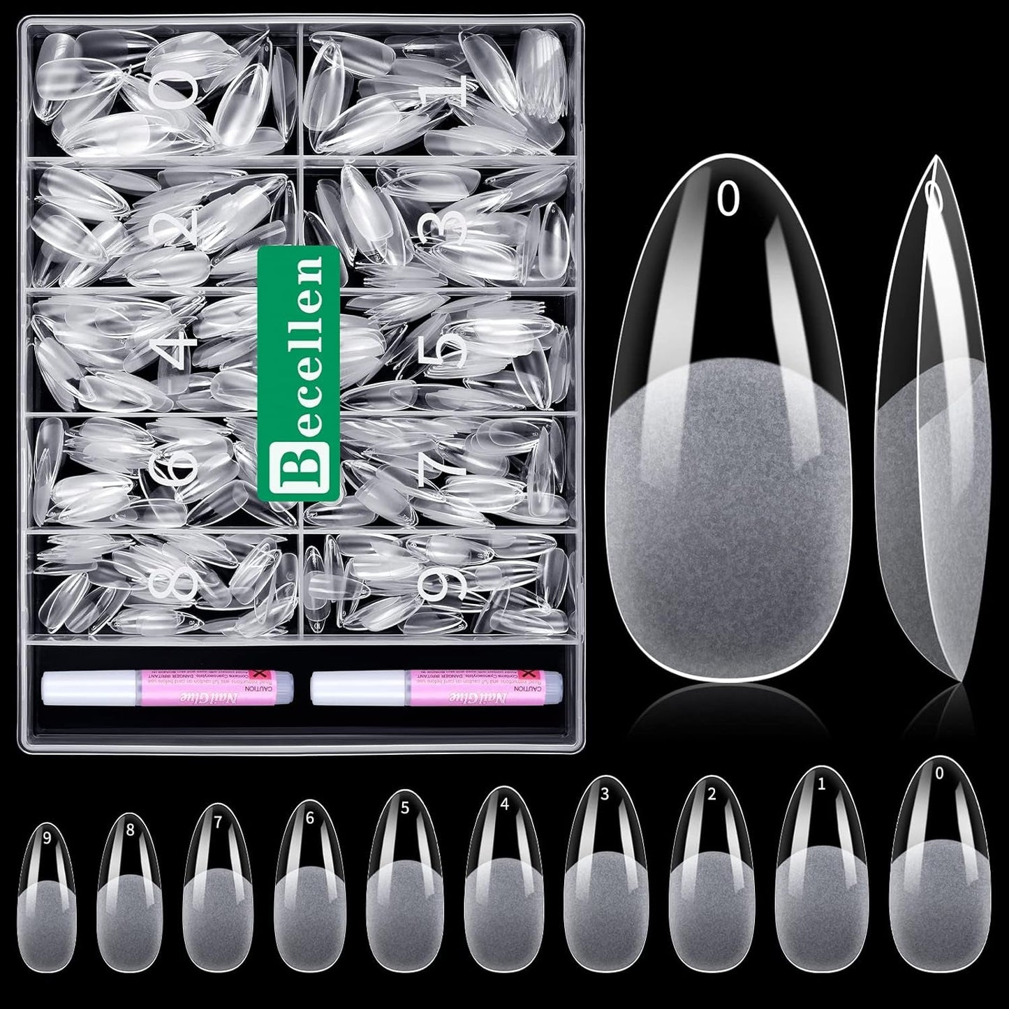 Becellen 500 st konstgjorda nagelspetsar, mjuka gelnagelspetsar, heltäckande, gelnagelspetsar, förpolerade konstgjorda naglar, DIY Nail Art limset (mandlar)