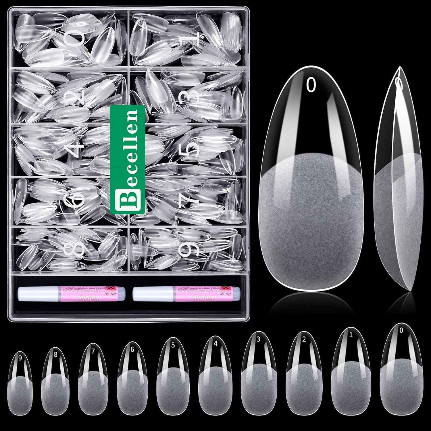 Becellen 500 st konstgjorda nagelspetsar, mjuka gelnagelspetsar, heltäckande, gelnagelspetsar, förpolerade konstgjorda naglar, DIY Nail Art limset (mandlar)