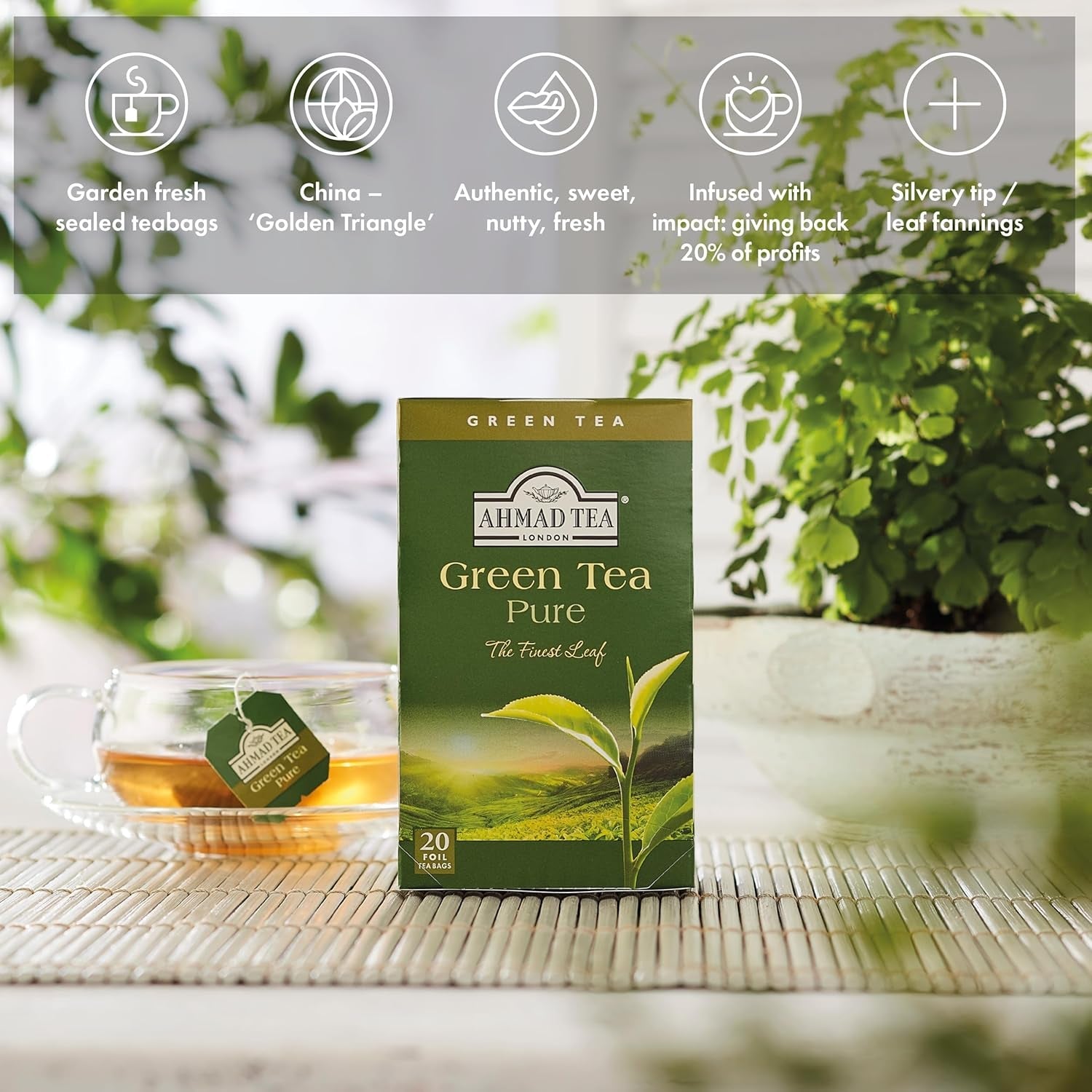 Ahmad Tea - Grönt te - Smakförseglade individuellt förpackade tepåsar med 2 g te per portion - 20 bandade tepåsar (paket med 2)
